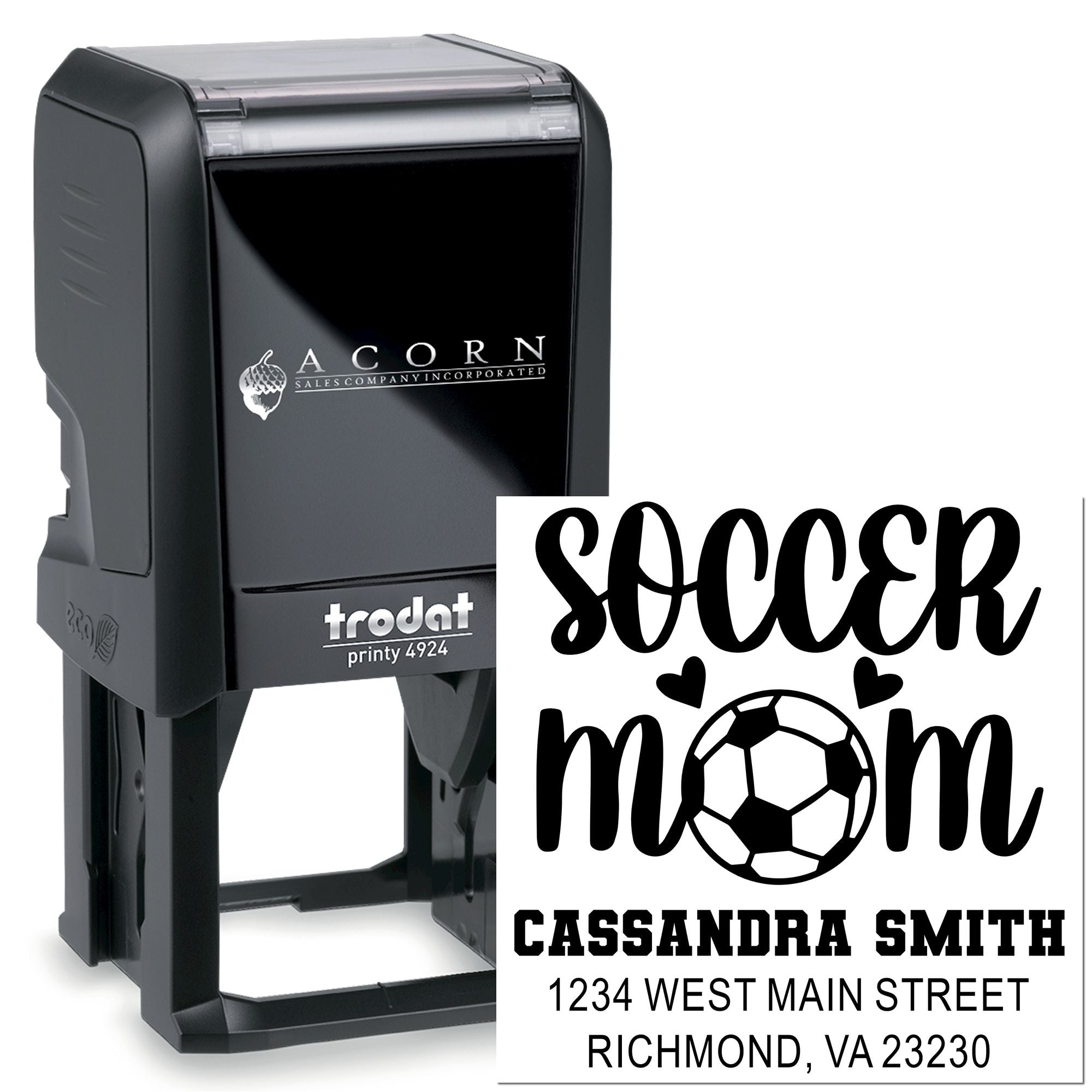 Custom self-inking rubber stamp with soccer mom design and address, shown on Trodat Printy 4924 stamp.