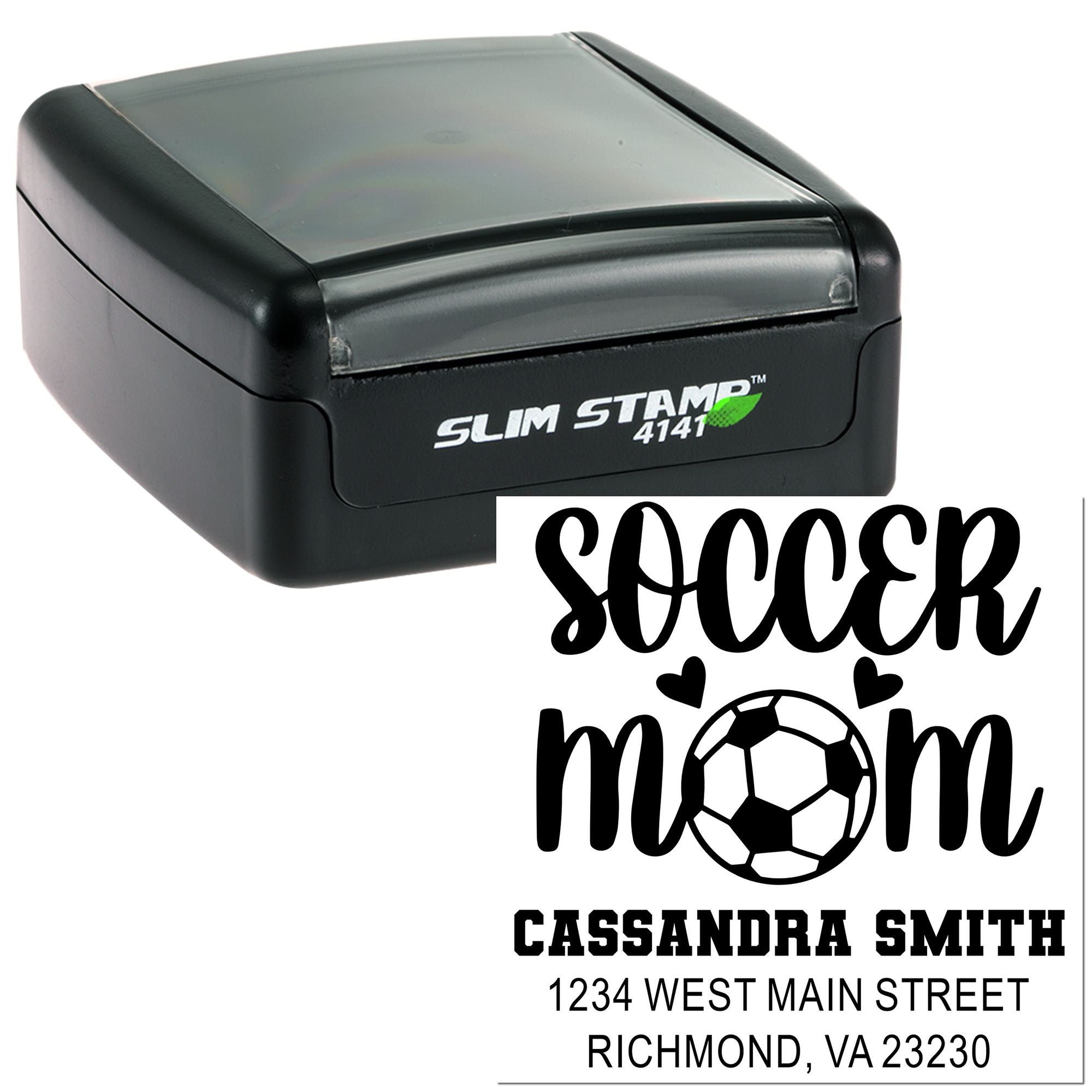 Custom self-inking rubber stamp with soccer mom design, name, and address for personalized mailing and craft projects.