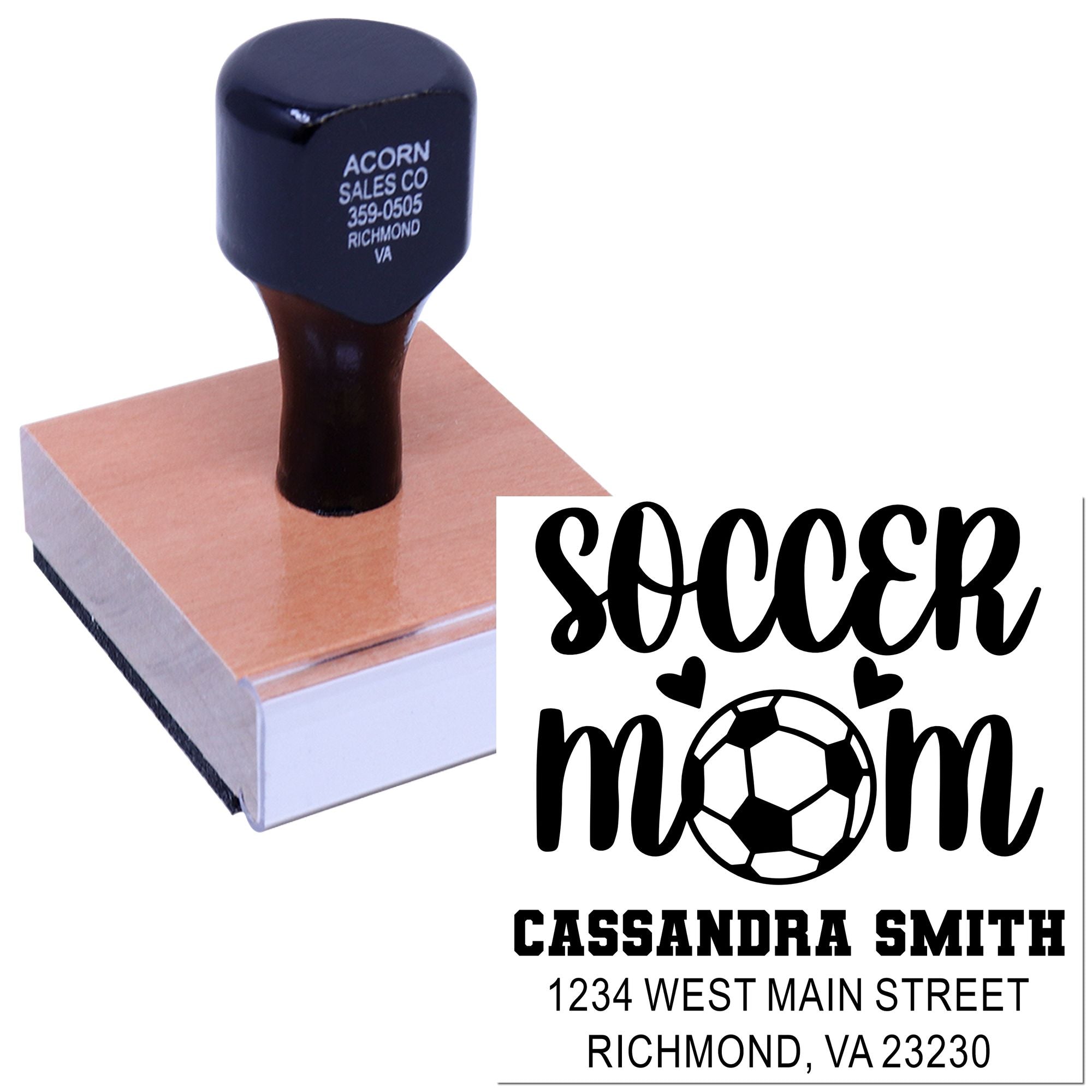 Custom self-inking rubber stamp with soccer mom design, name, and Richmond, VA address imprint.