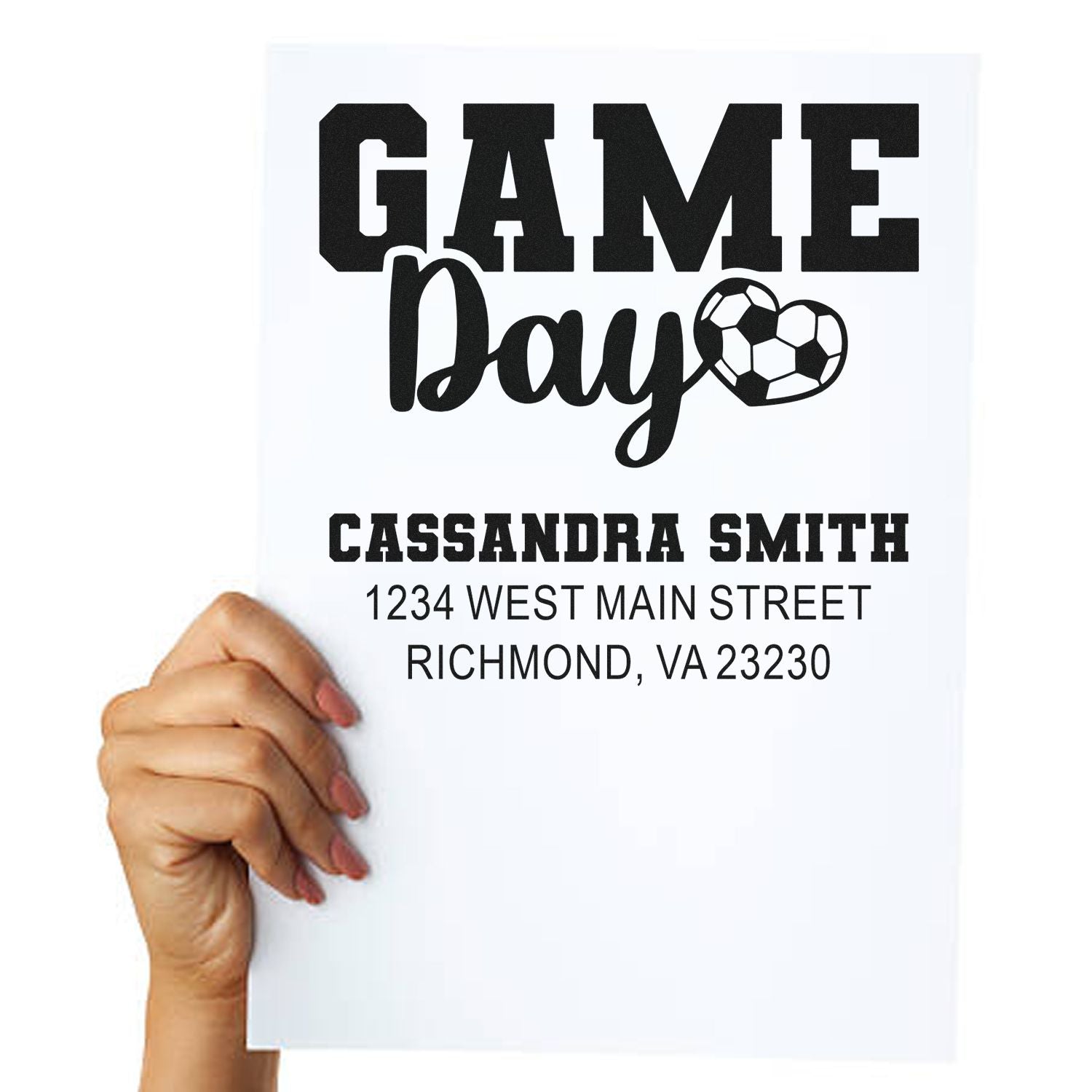 Personalized soccer game day rubber stamp with name and address for team invites, mailings, and sports event branding.