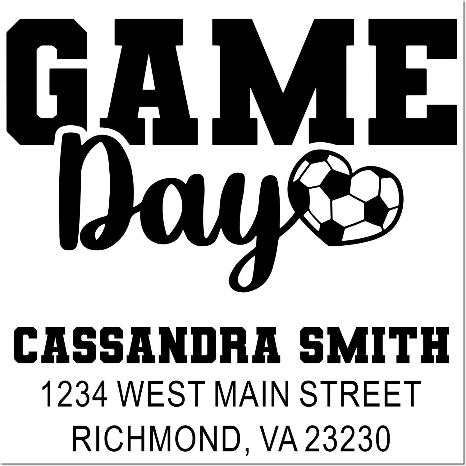 Custom game day rubber stamp with soccer heart, Cassandra Smith name, and return address for sports mailing labels.