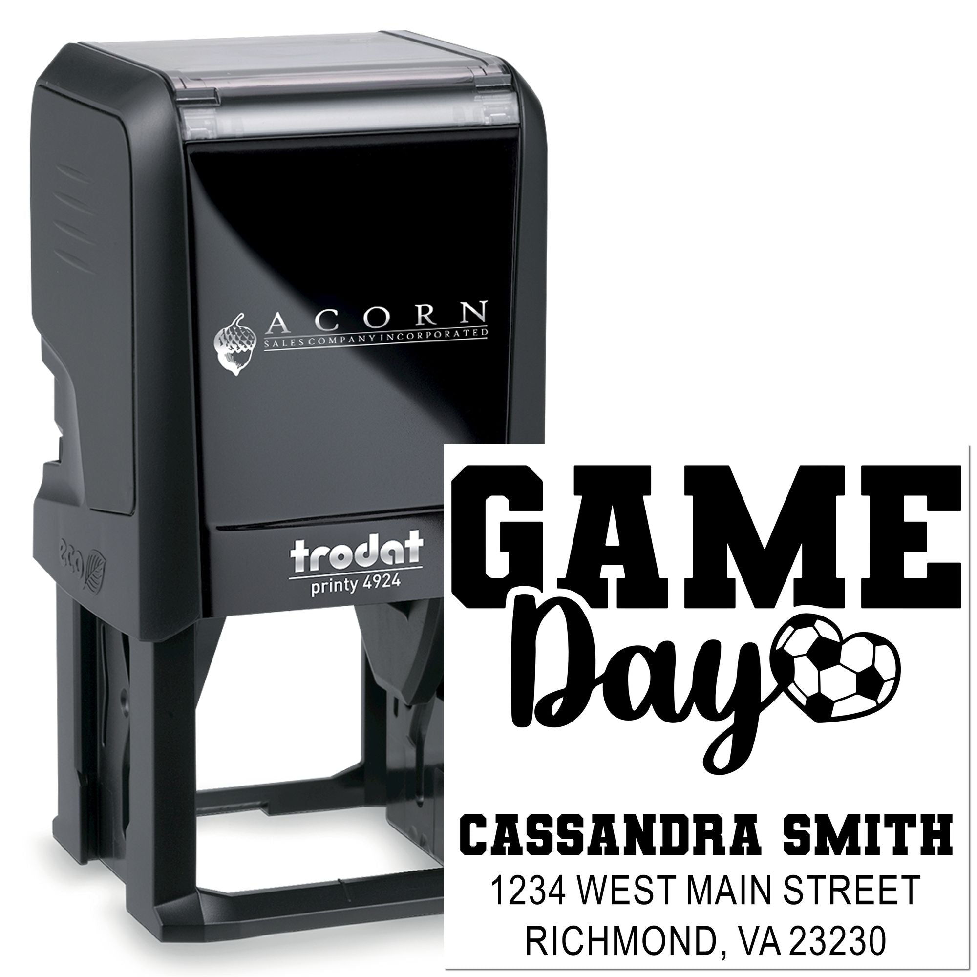 Trodat self-inking rubber stamp with custom soccer Game Day design, name, and address for personalized event stamping