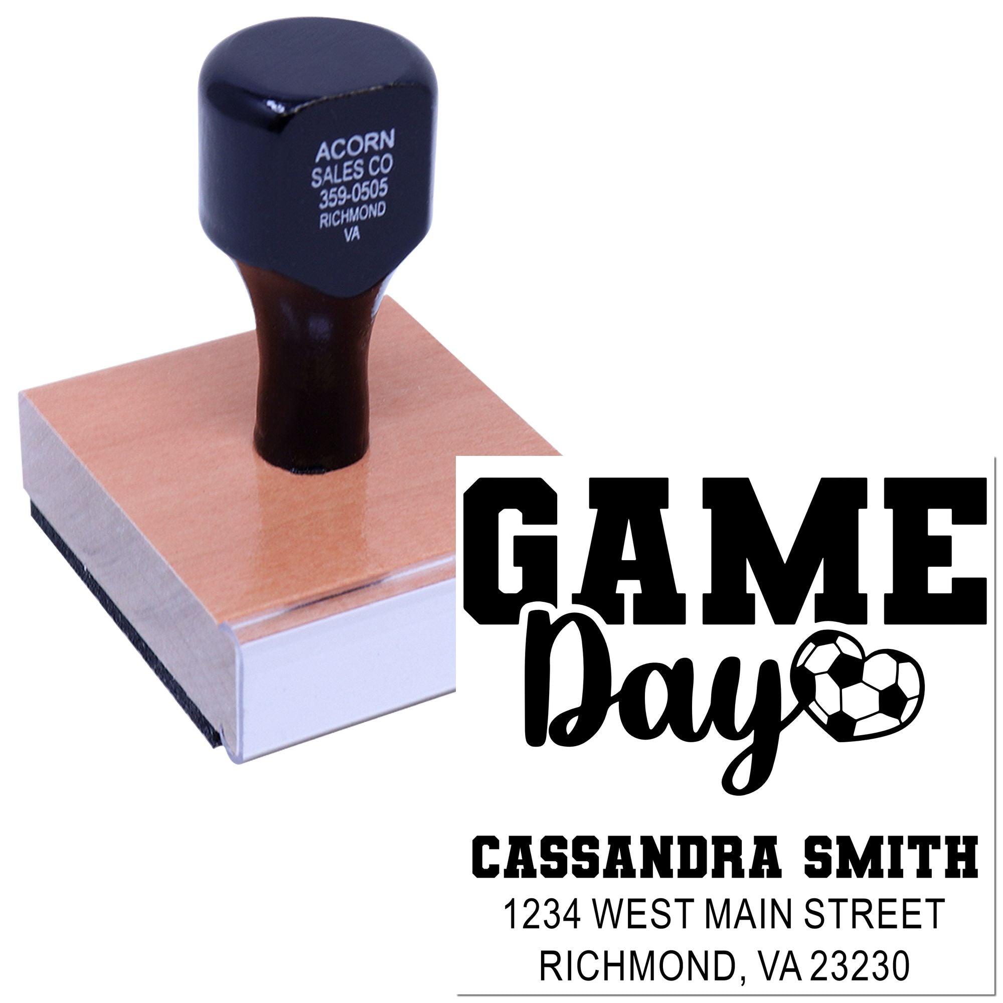 Personalized Game Day rubber stamp for sports teams, featuring custom name and address with football and soccer design.