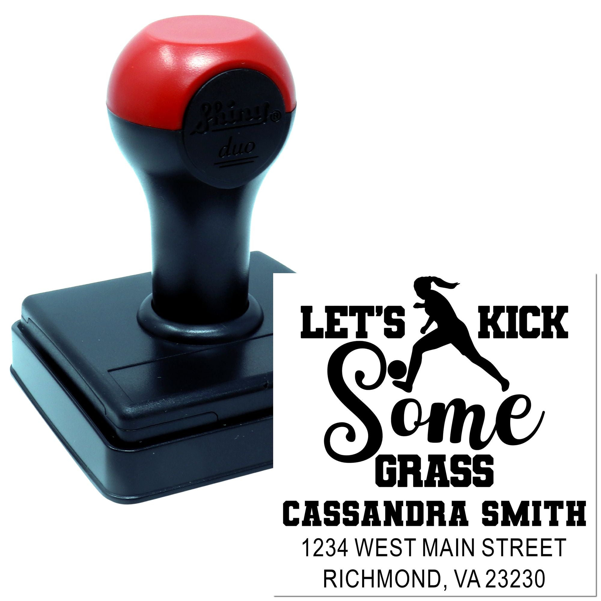 Custom self-inking rubber stamp with Lets Kick Some Grass landscaping design, name, and address for business branding.