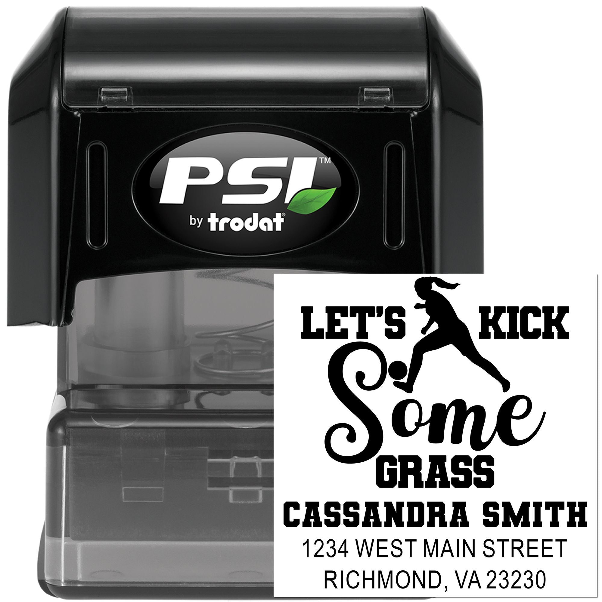 PSI by Trodat self-inking rubber stamp with custom Lets Kick Some Grass lawn care address design.