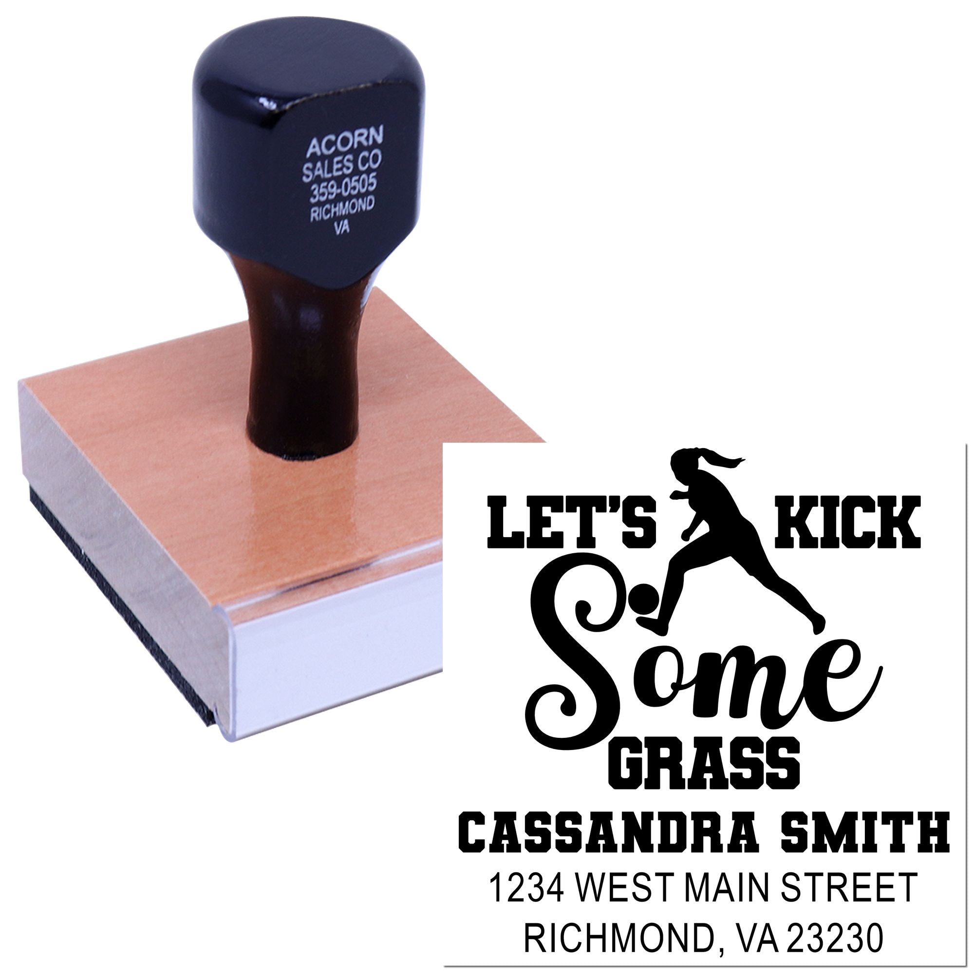 Personalized rubber stamp with Lets Kick Some Grass design and custom name-address imprint for lawn care business branding.