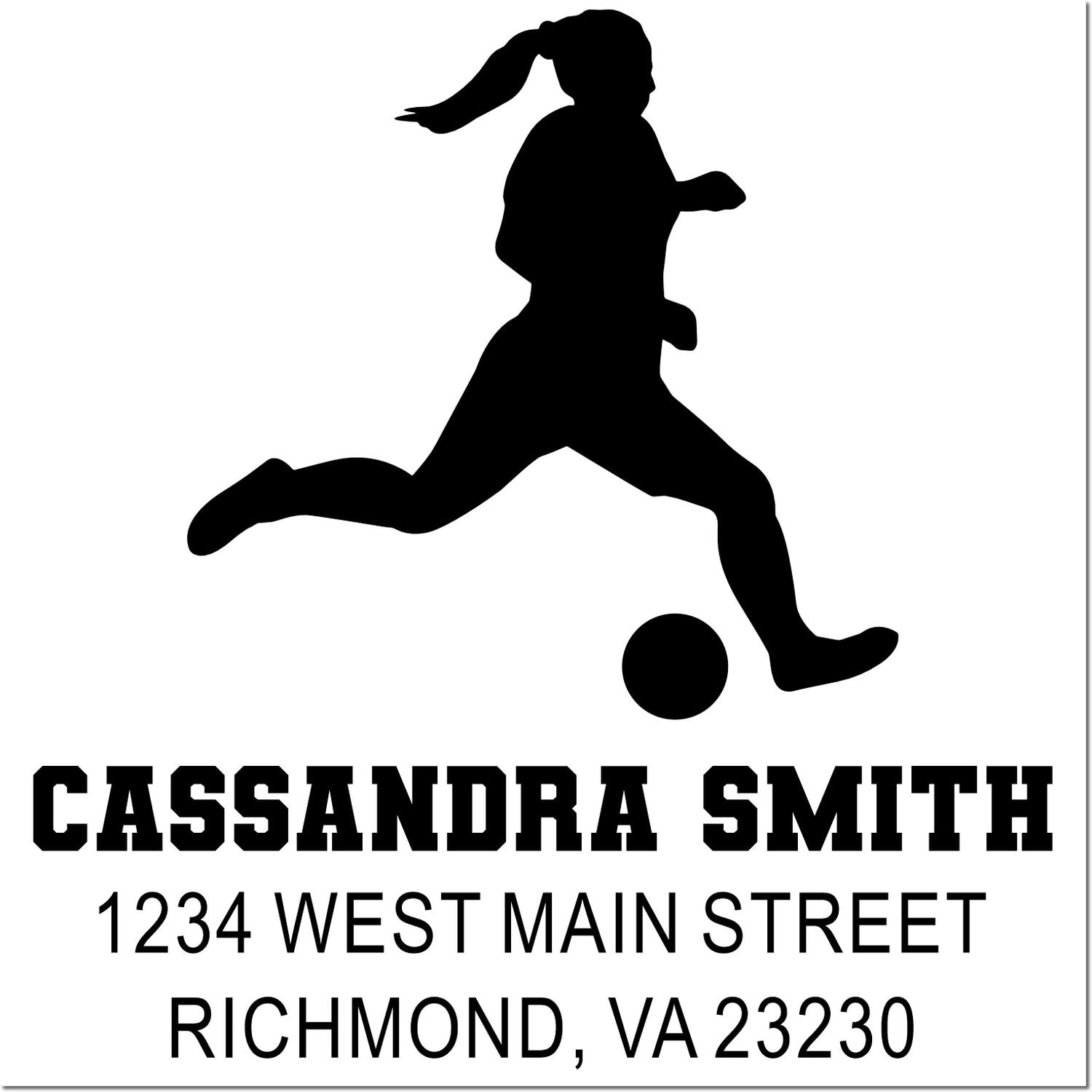 Custom soccer return address rubber stamp for Cassandra Smith, 1234 West Main Street, Richmond, VA 23230