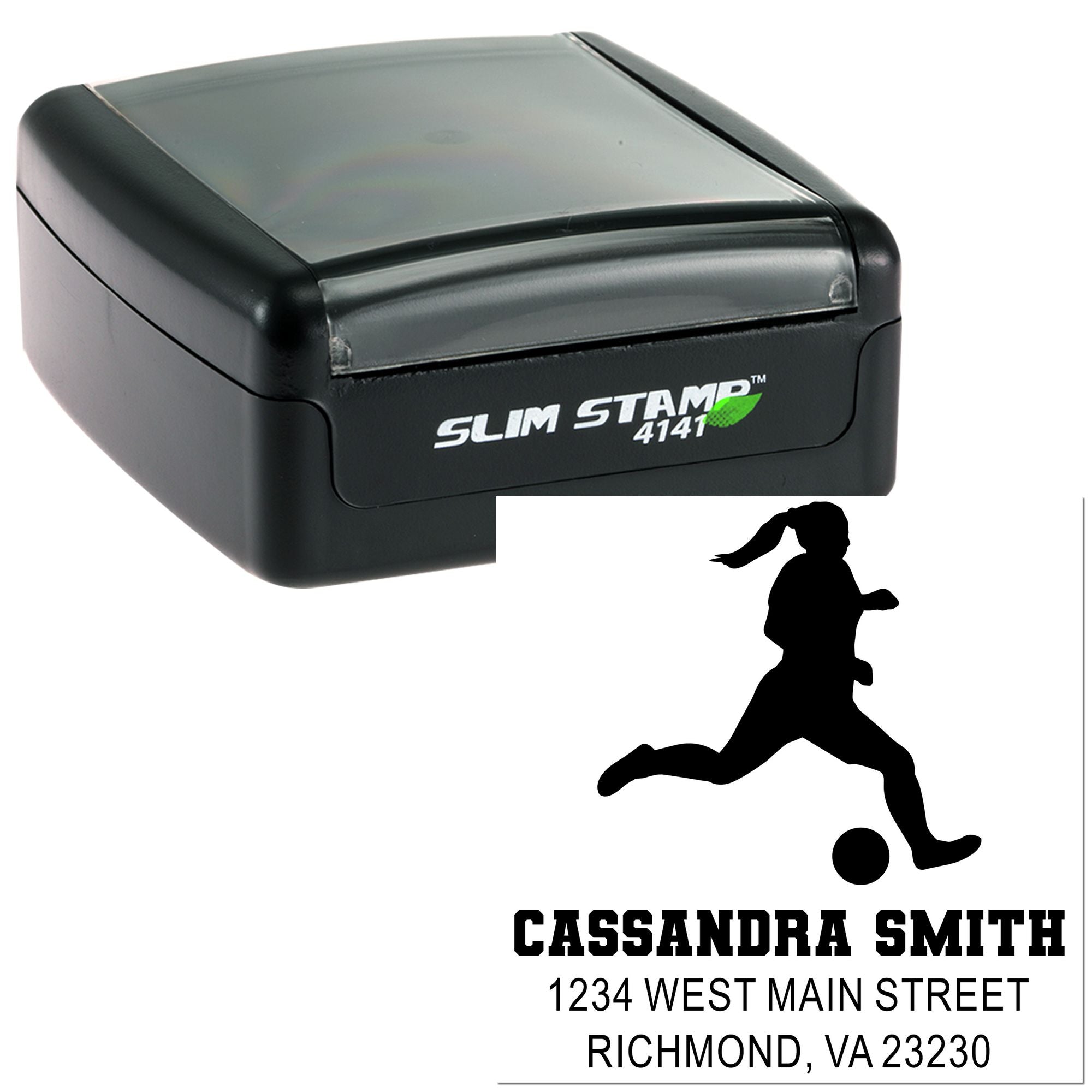 Custom self-inking Slim Stamp rubber address stamp with soccer player design for personalized mailing.