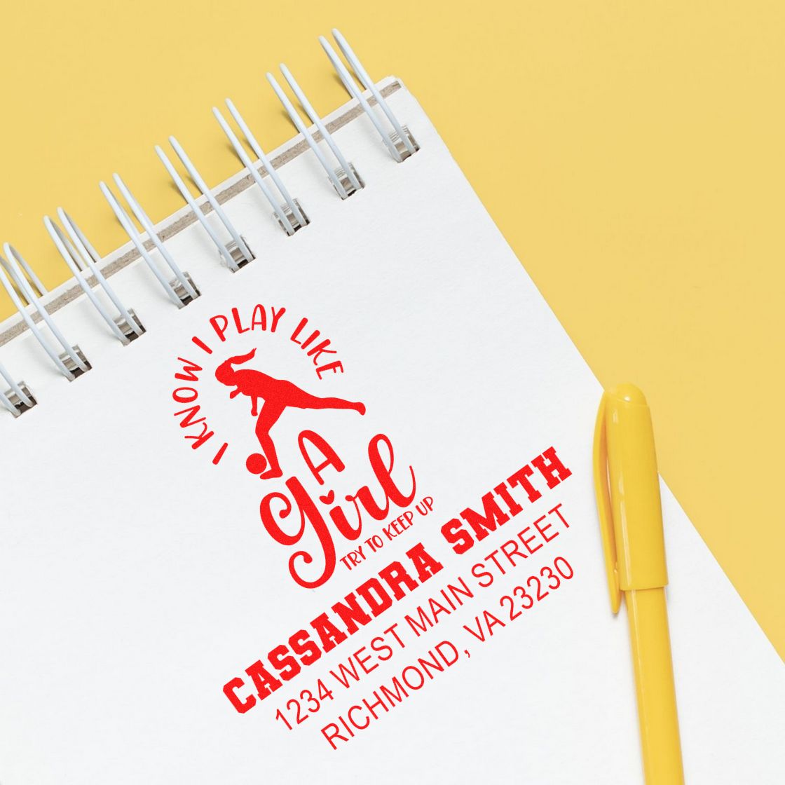 Personalized rubber stamp sample with I Know I Play Like a Girl design and address for custom stationery or business branding.