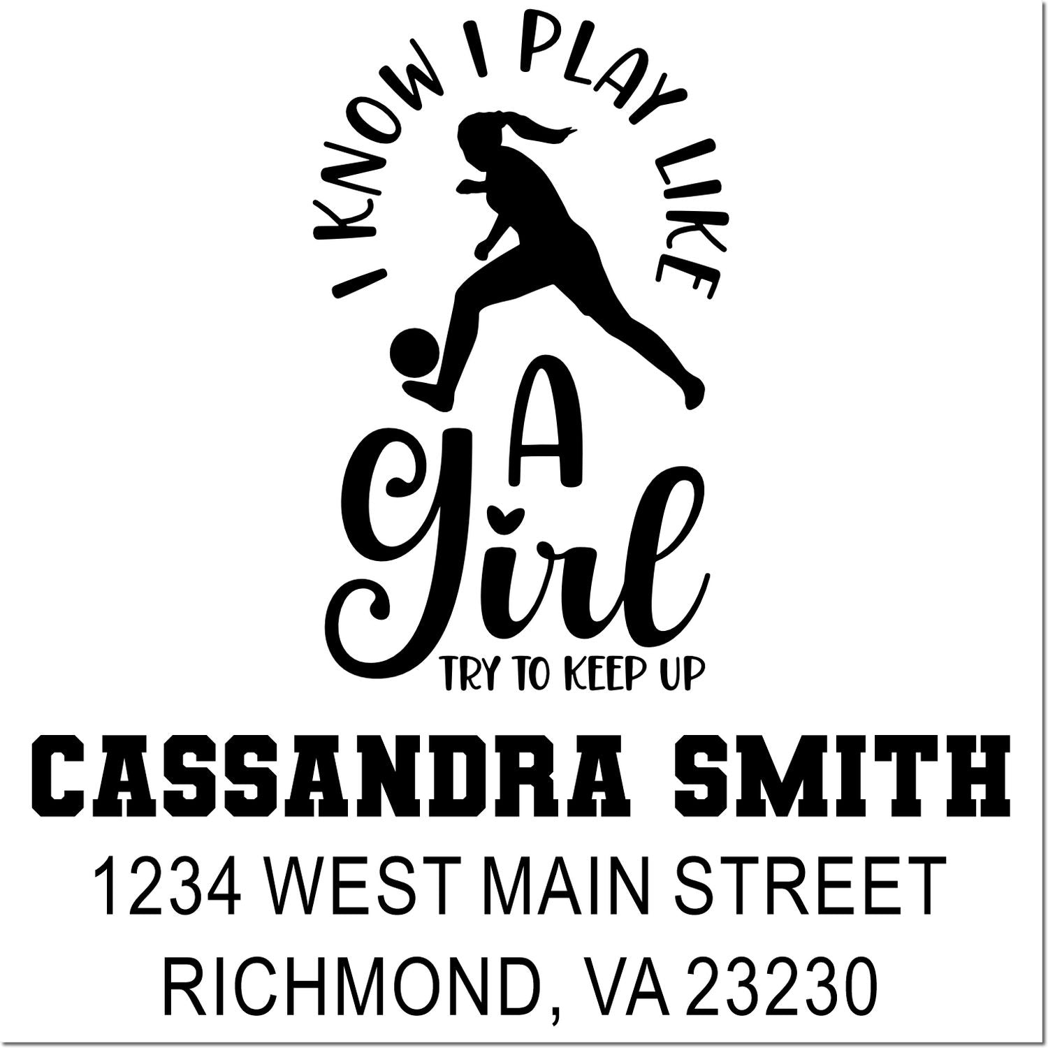 Custom rubber stamp design for Cassandra Smith, featuring a soccer girl graphic and Richmond, VA address.