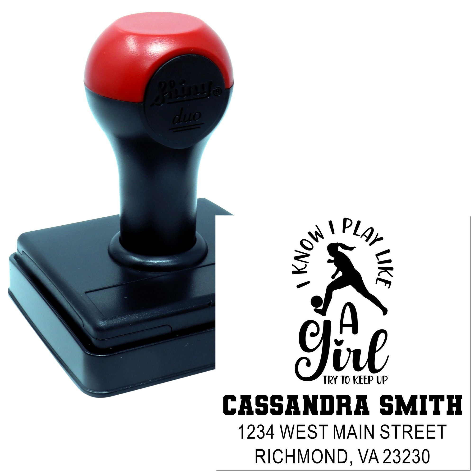 Personalized self-inking rubber stamp with I Know I Play Like a Girl design, custom name, and address for sports branding.