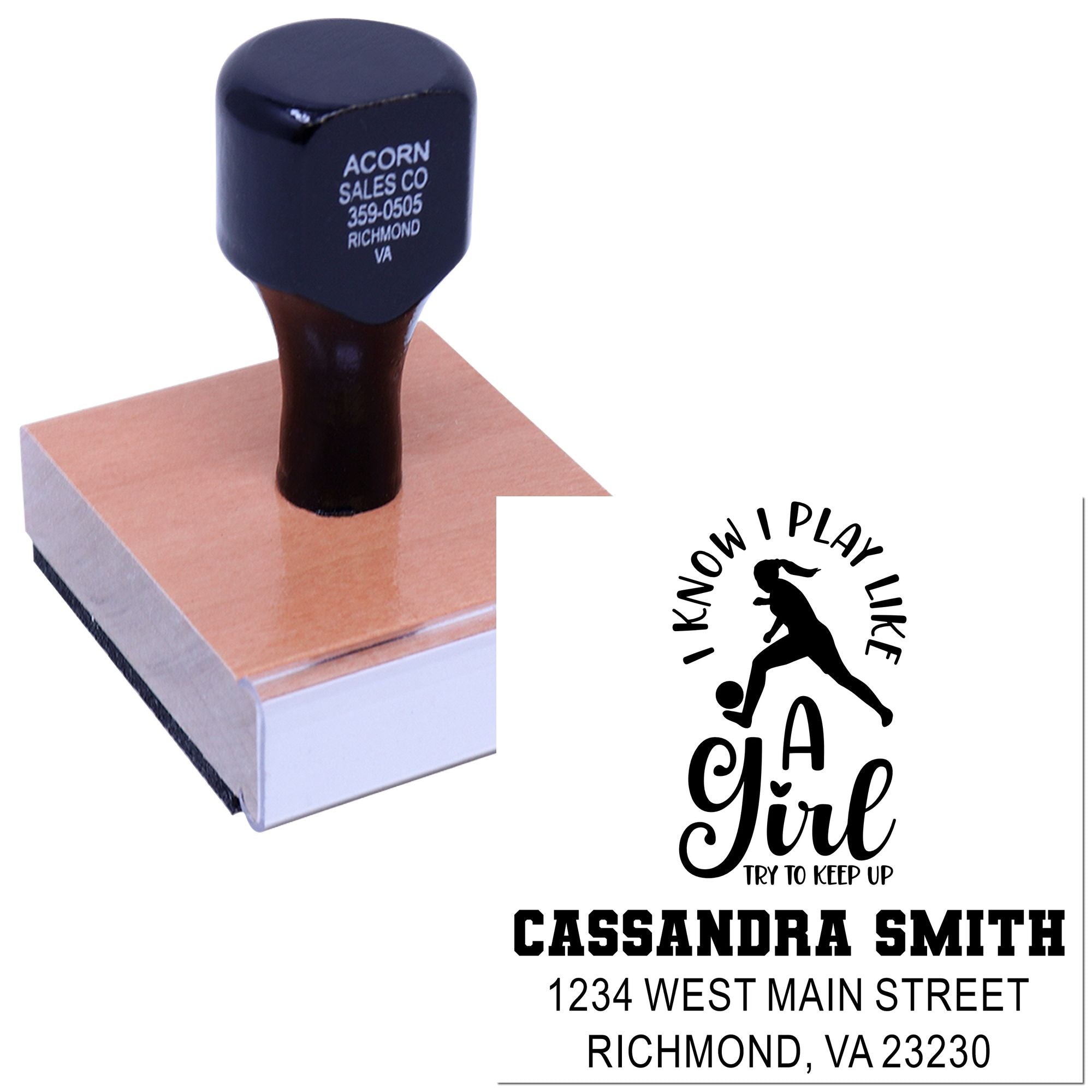 Custom rubber stamp sample with personalized name, address and logo design for business branding, mailings and crafts.