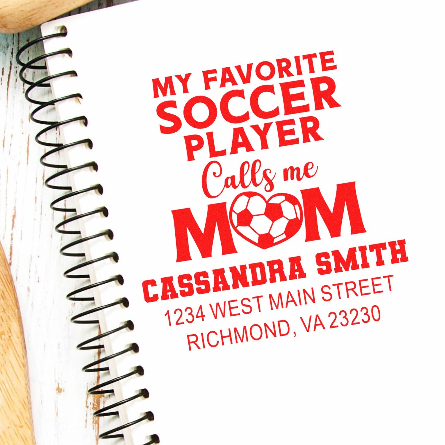 Custom soccer mom rubber stamp reading My favorite soccer player calls me mom with personalized name and address.
