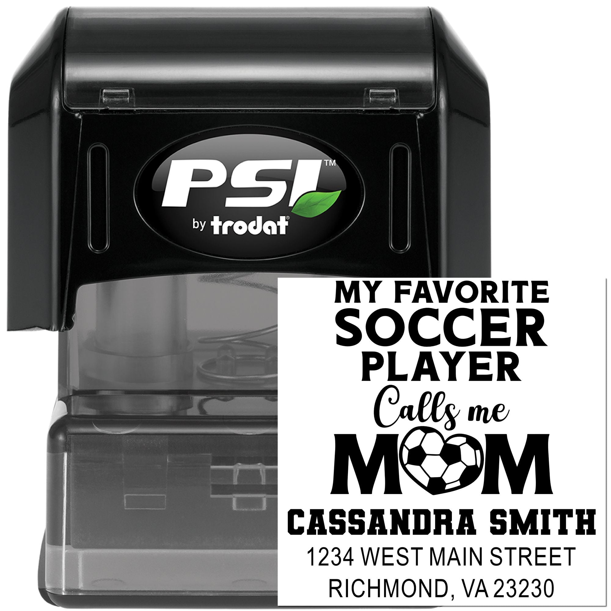 Personalized soccer mom rubber stamp with name and address, custom self-inking PSI by Trodat for mailing and crafts.