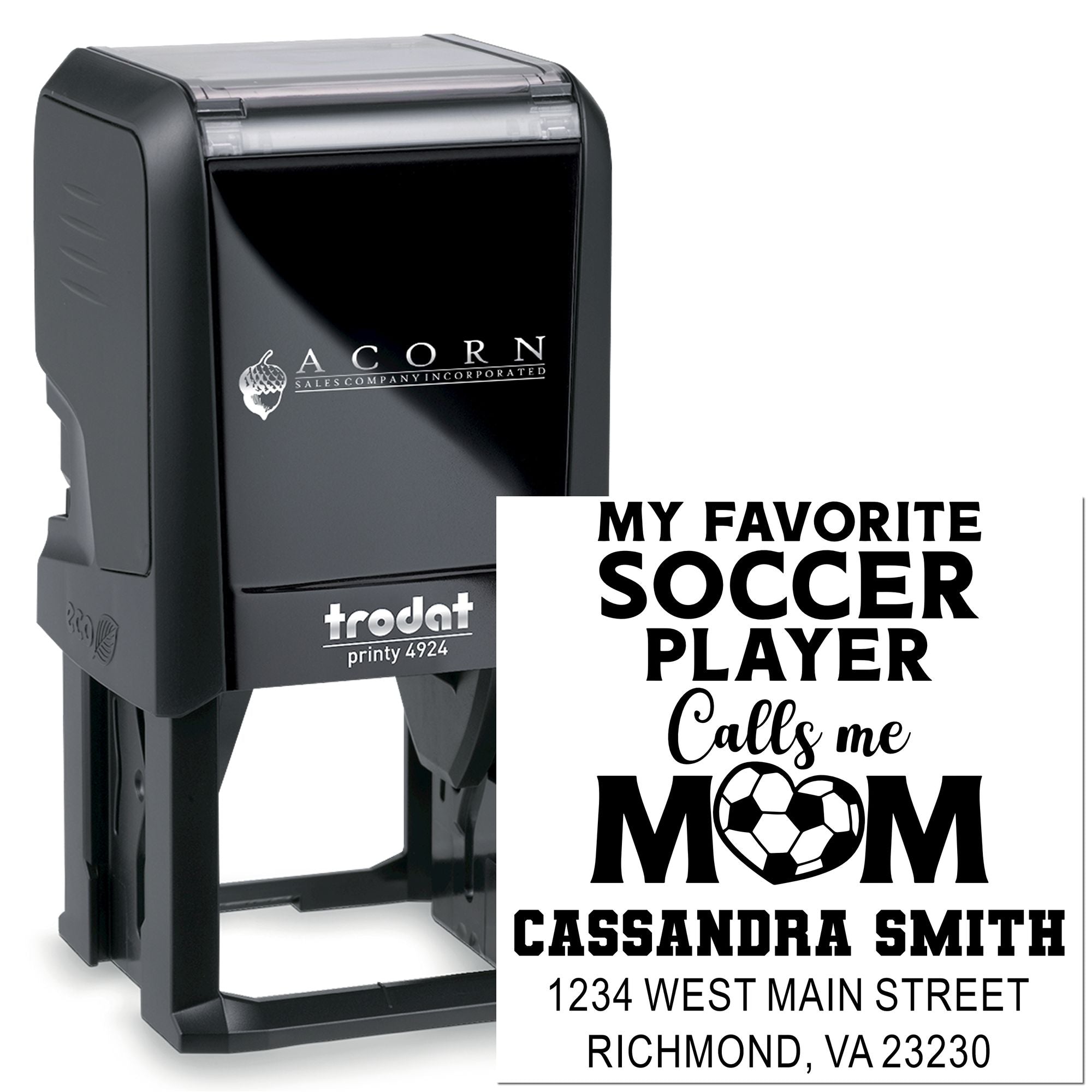 Custom self-inking rubber stamp for soccer mom address labels and personalized return address imprint.