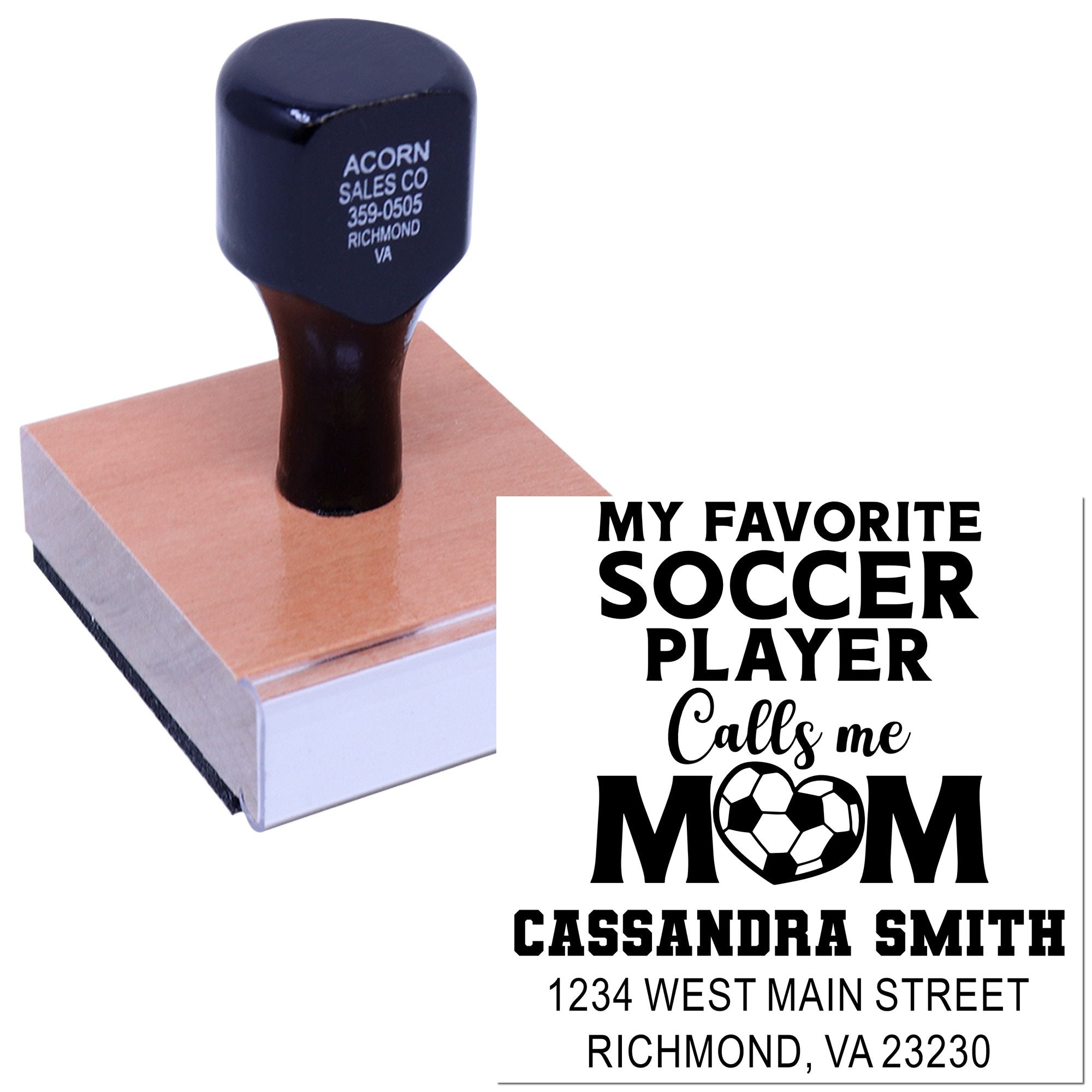 Custom rubber stamp for soccer mom gifts with personalized name and address, featuring "My Favorite Soccer Player Calls Me Mom" text.