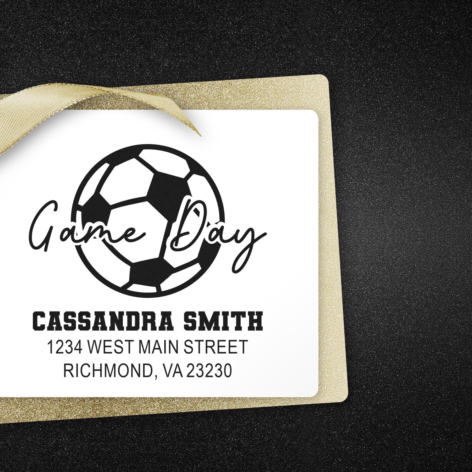 Custom soccer Game Day rubber stamp with name and address for personalized sports stationery and packaging.