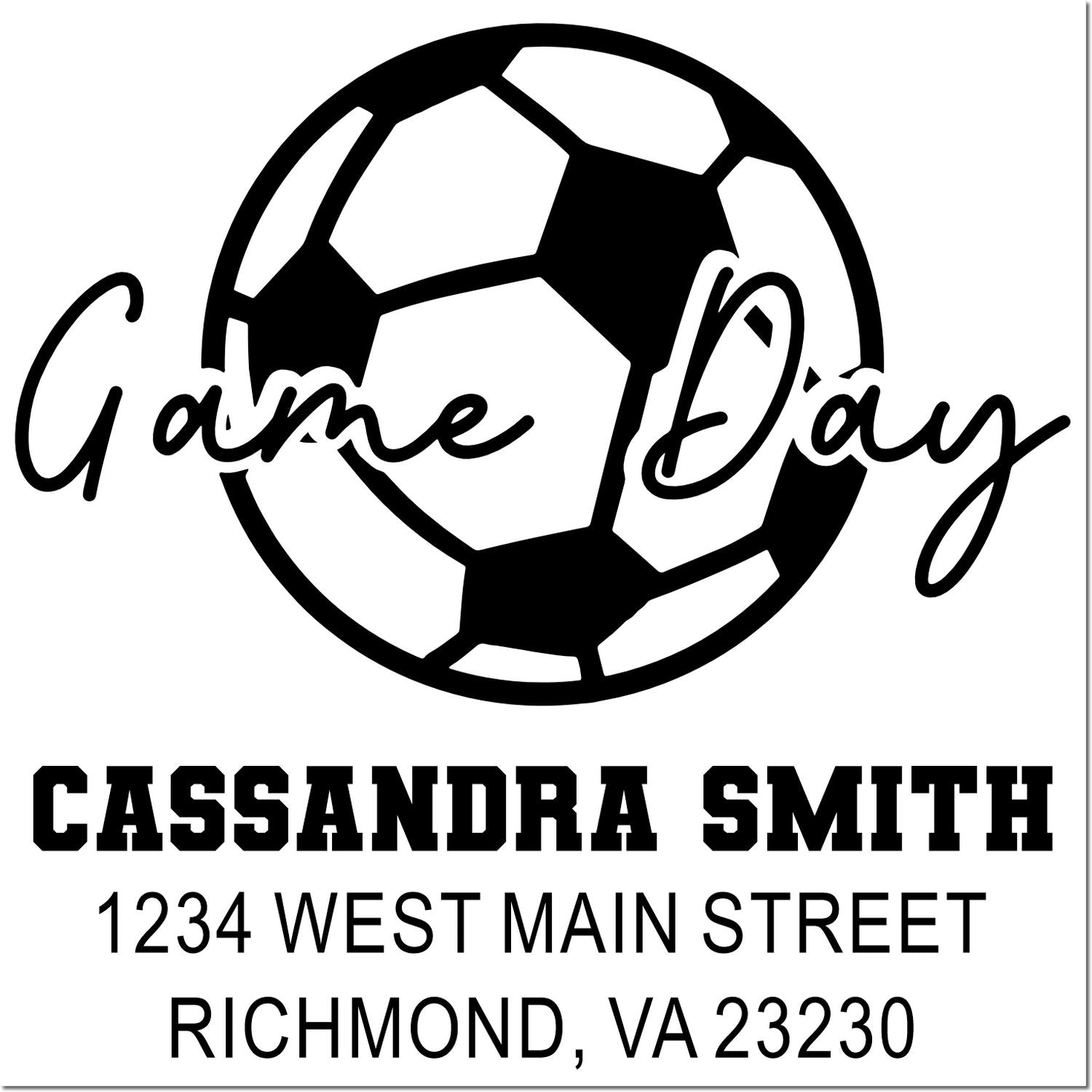 Personalized soccer game day rubber stamp with soccer ball, Cassandra Smith, and Richmond, VA return address.