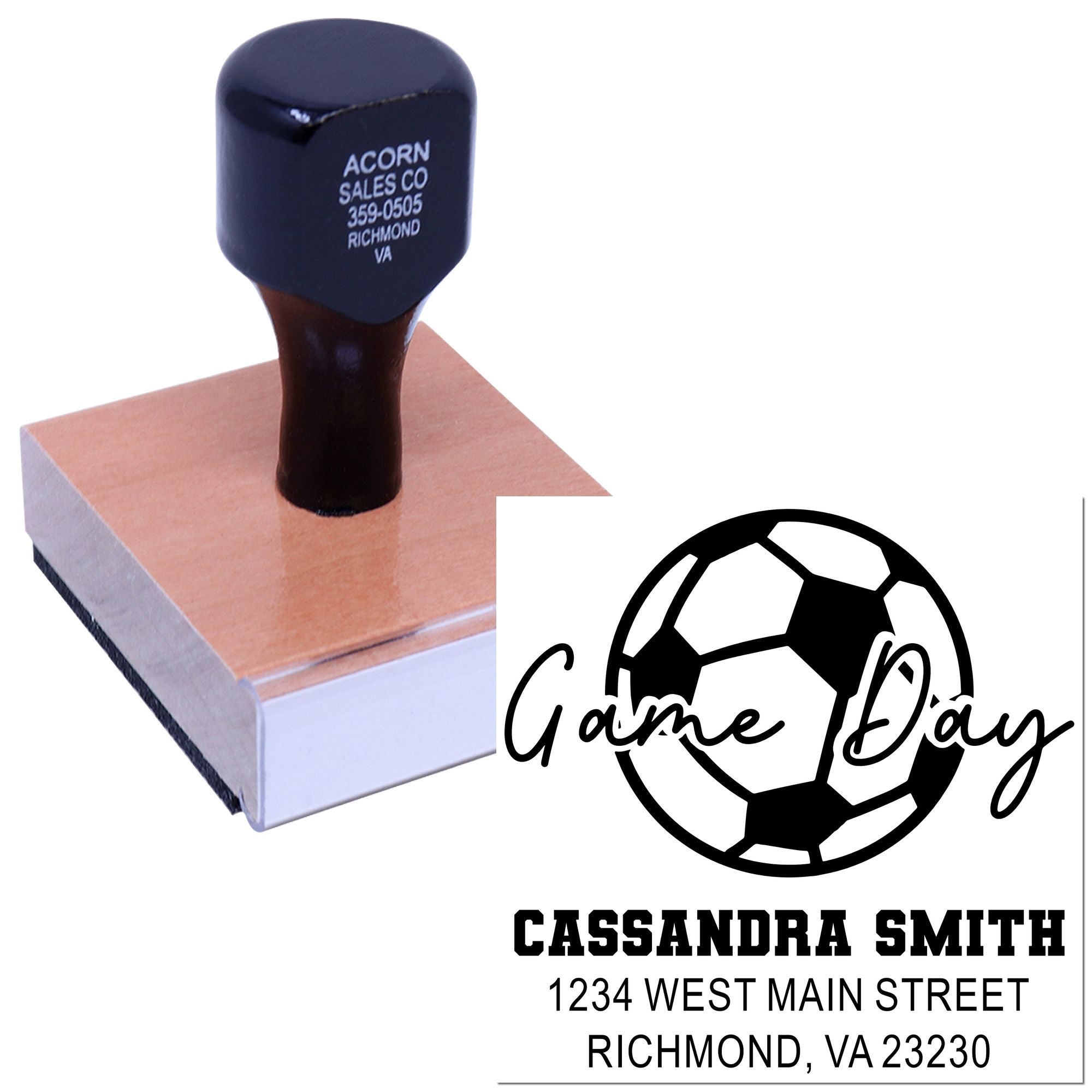 Custom rubber stamp for soccer game day, featuring personalized name and address for sports event branding.