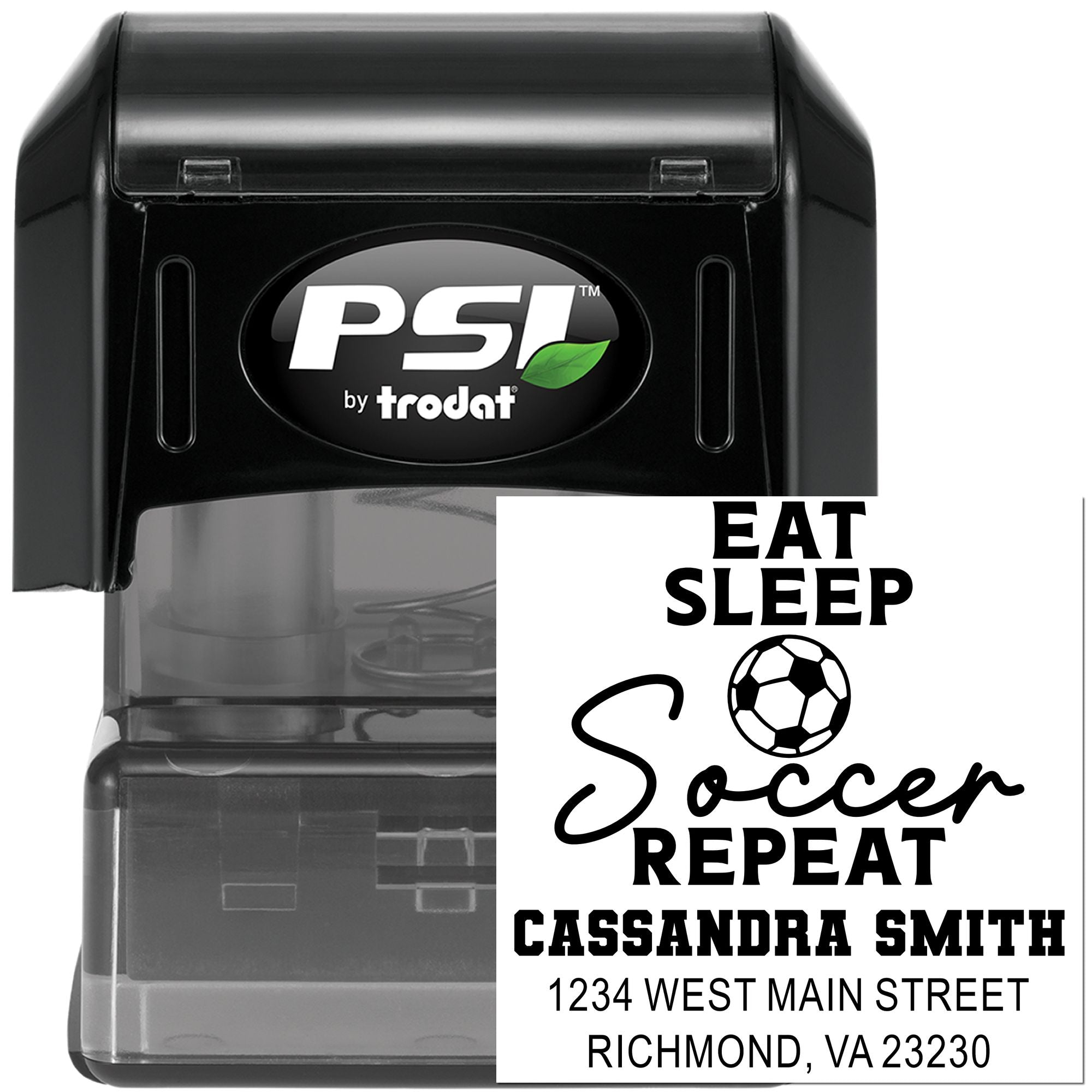 PSI by Trodat custom self-inking rubber stamp with soccer design, name, and address imprint for personalized labeling.
