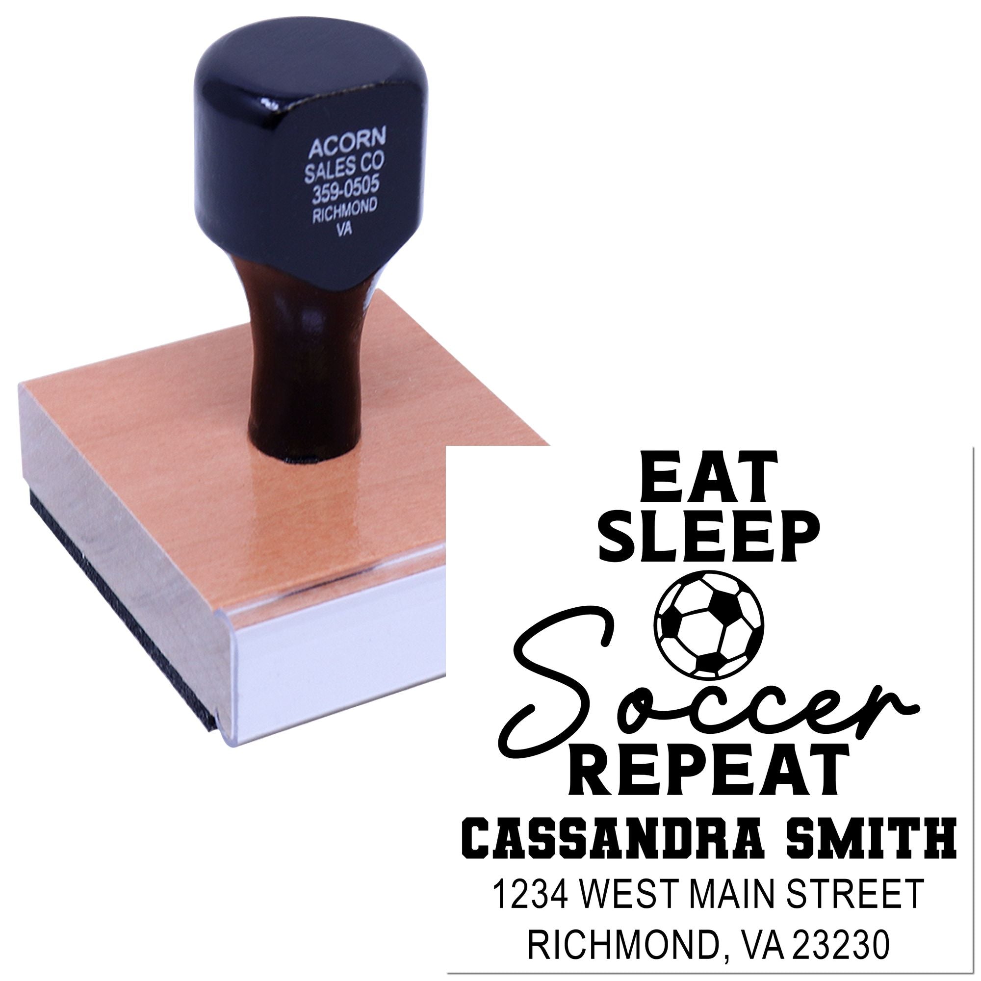 Custom rubber stamp with personalized Eat Sleep Soccer Repeat design and name/address imprint for soccer fans.