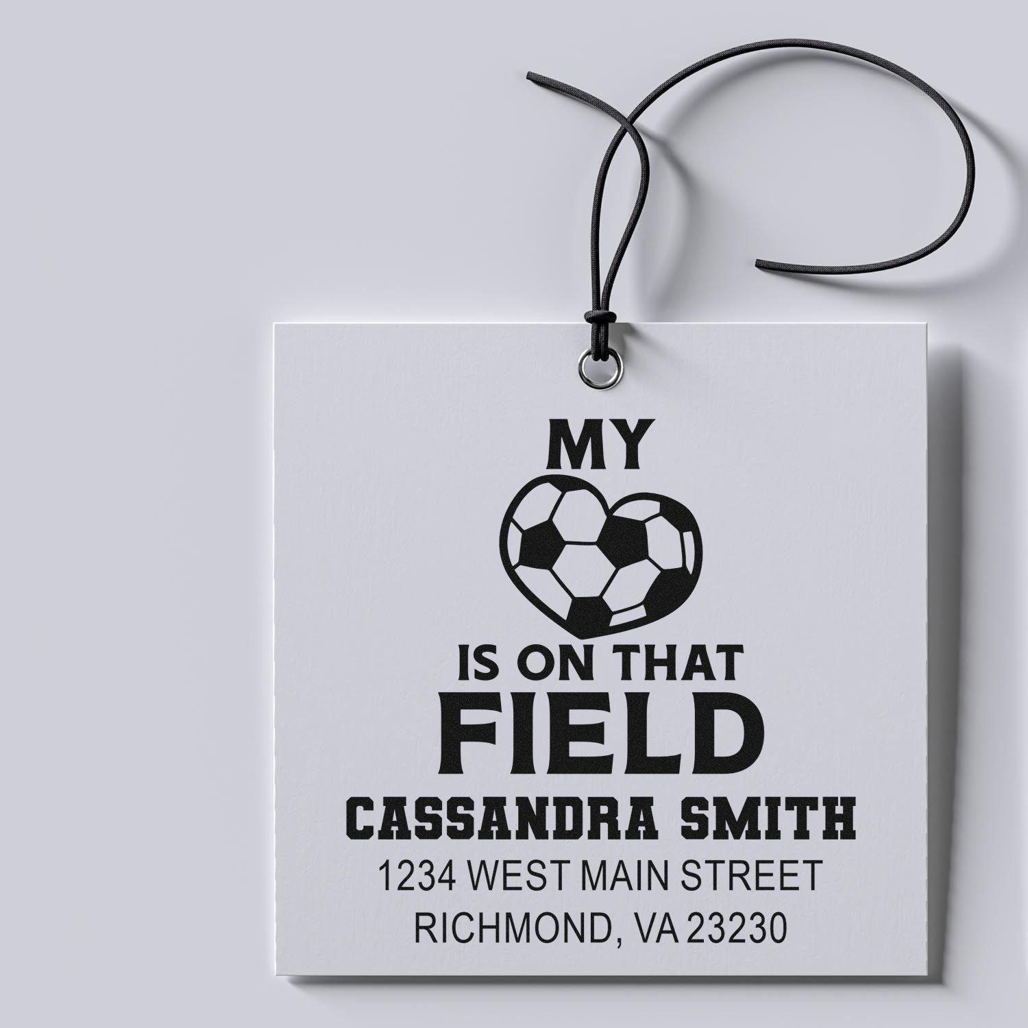 Custom soccer rubber stamp with personalized name and address, featuring a My heart is on that field design.