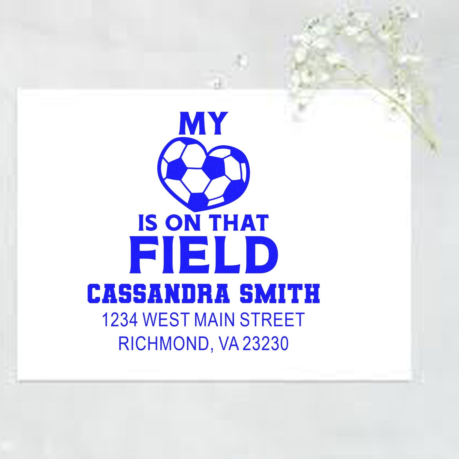Custom soccer return address rubber stamp with heart-ball design and personalized name, address, and My heart is on that field text.