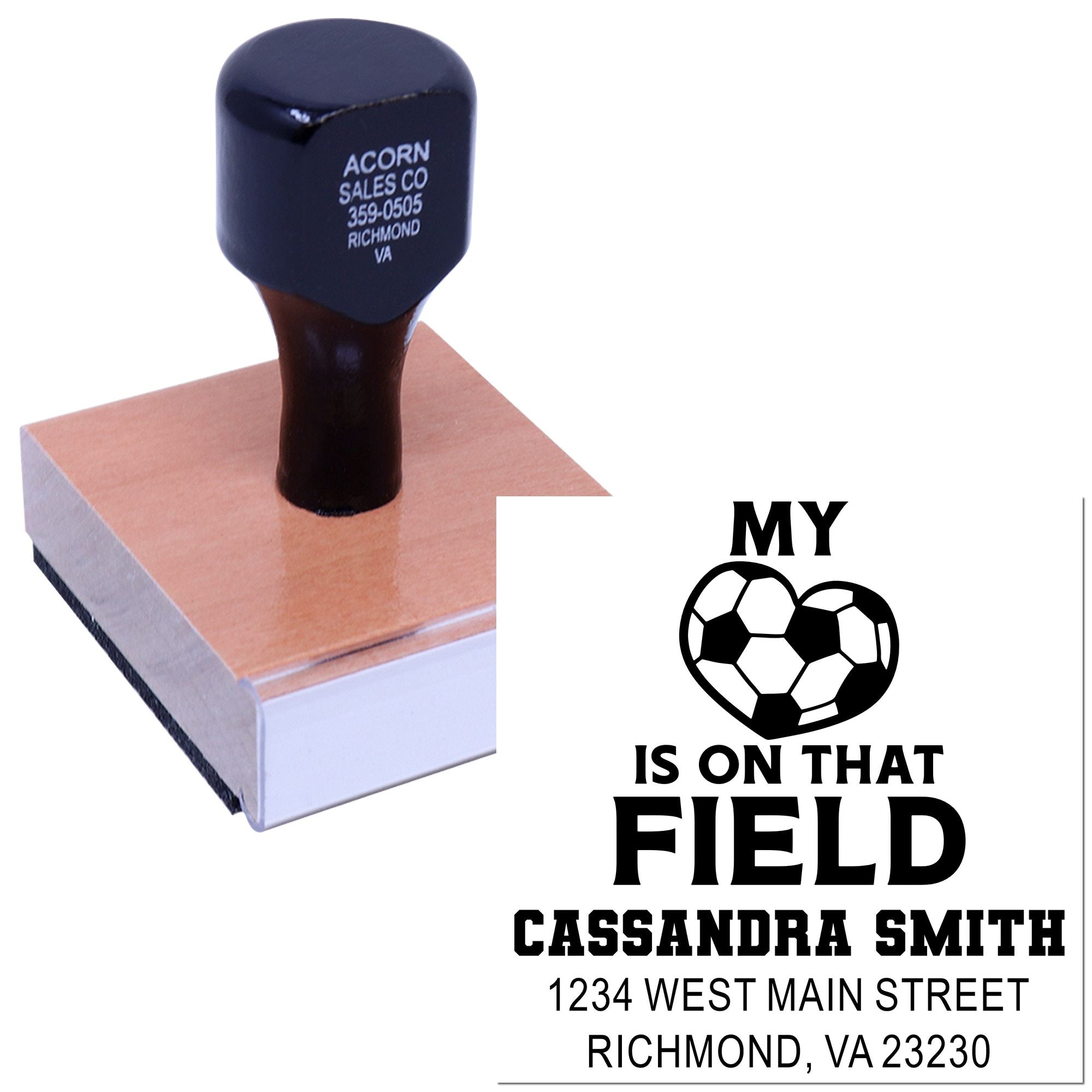 Custom rubber stamp with soccer-themed return address and My Heart Is on That Field design for personalized school sports stamping.