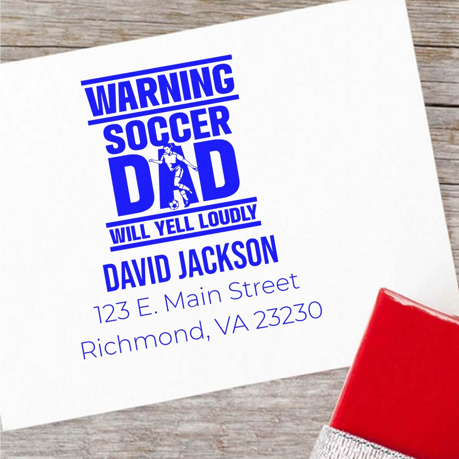 Personalized soccer dad rubber stamp with warning design, name, and address for custom mail, gifts, or sports fan stationery.