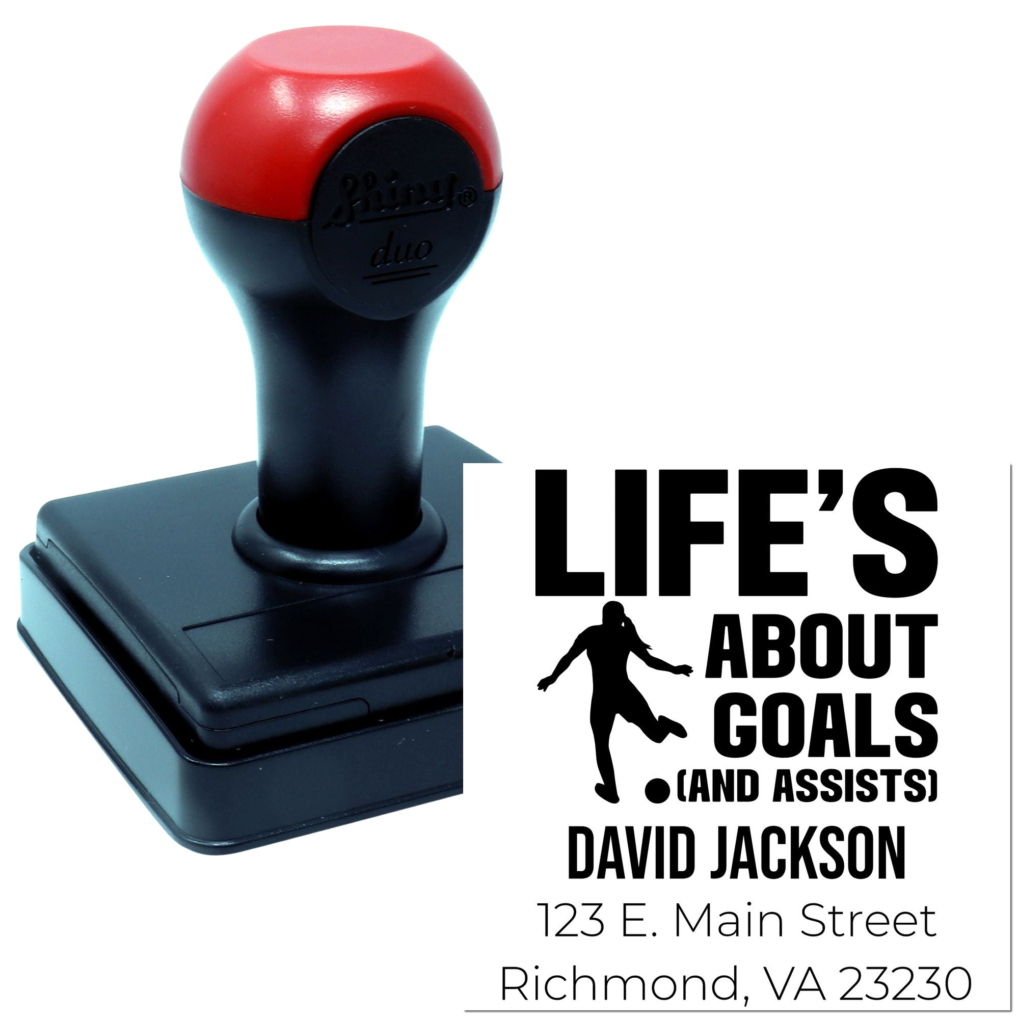 Custom rubber stamp with Lifes about goals (and assists) quote, name, and address for personalized sports branding.