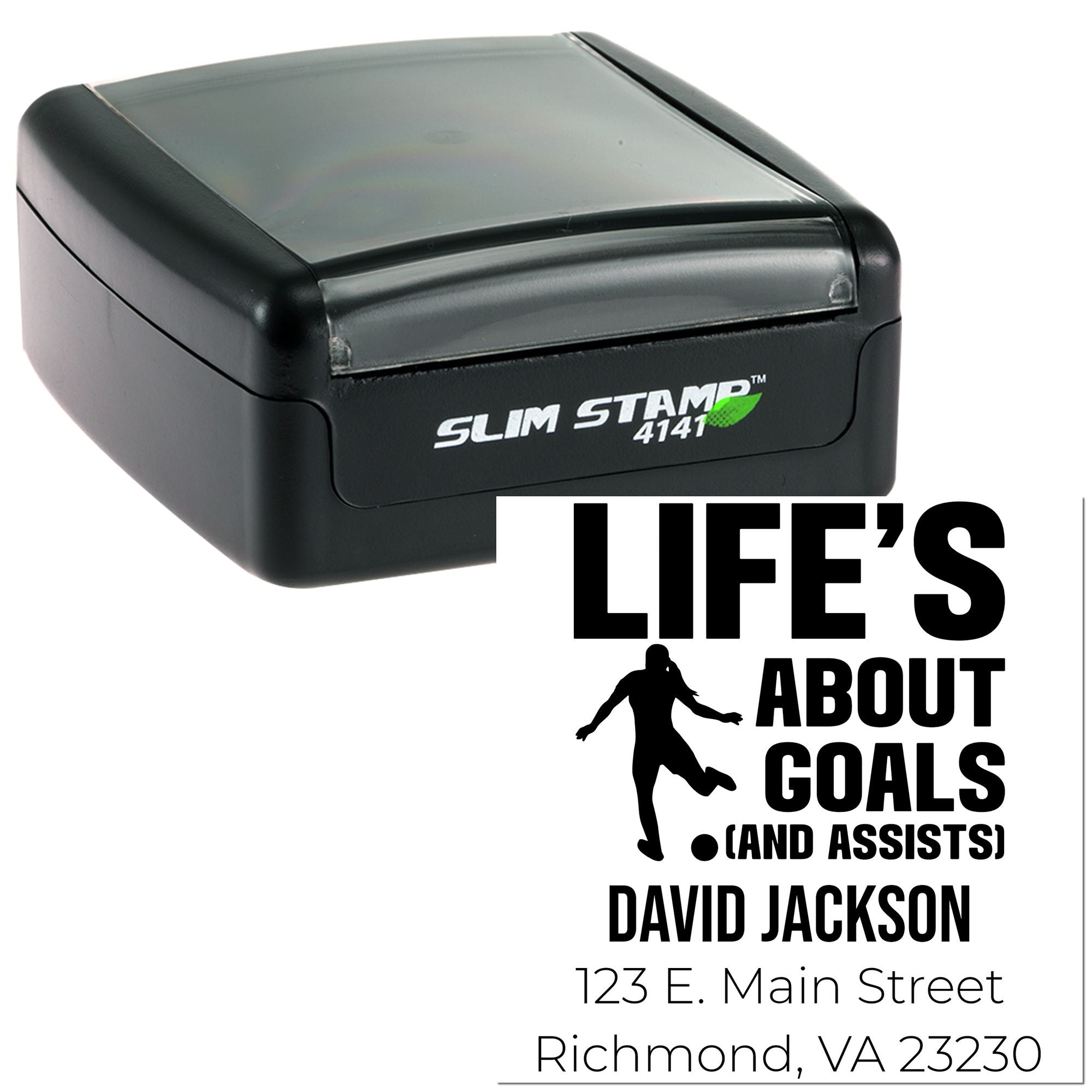 Custom self-inking rubber stamp with Lifes About Goals (and Assists) design, David Jackson name, and Richmond, VA address.