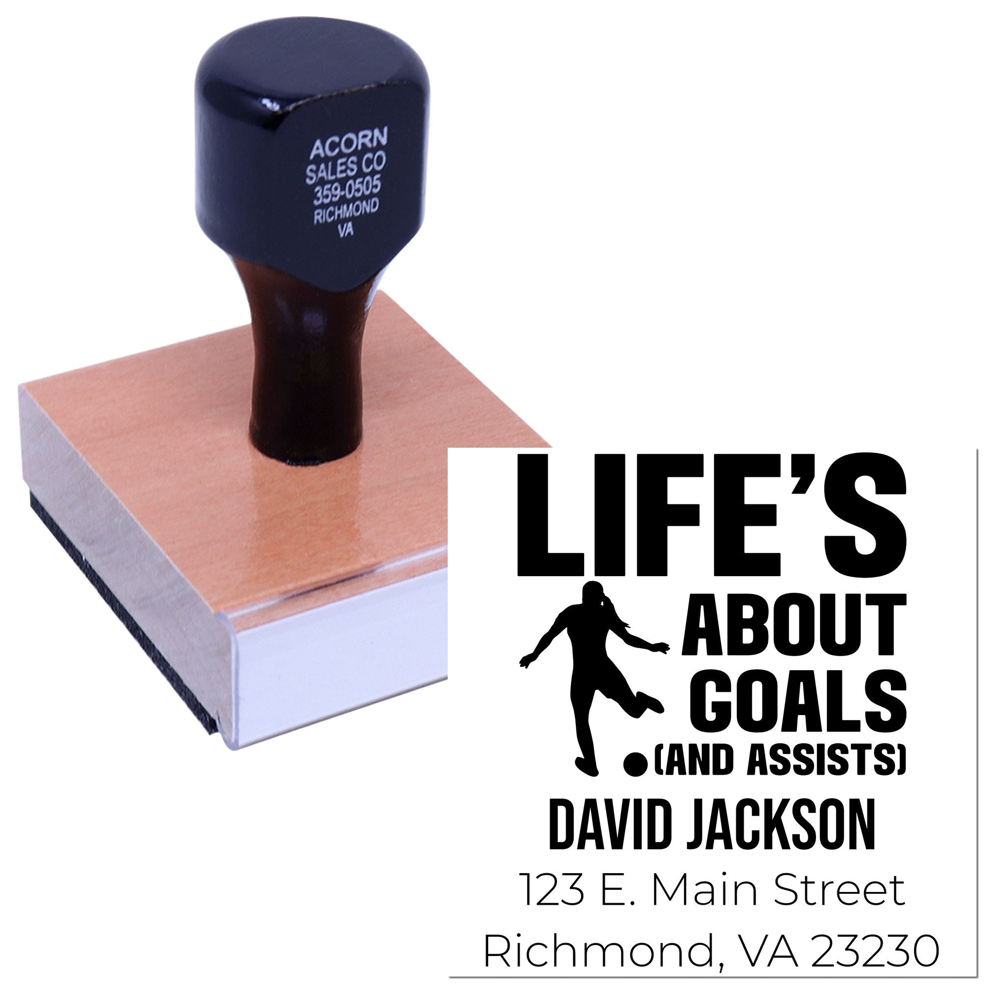 Custom rubber stamp showing a personalized sports quote, name, and address for branded business or team use.