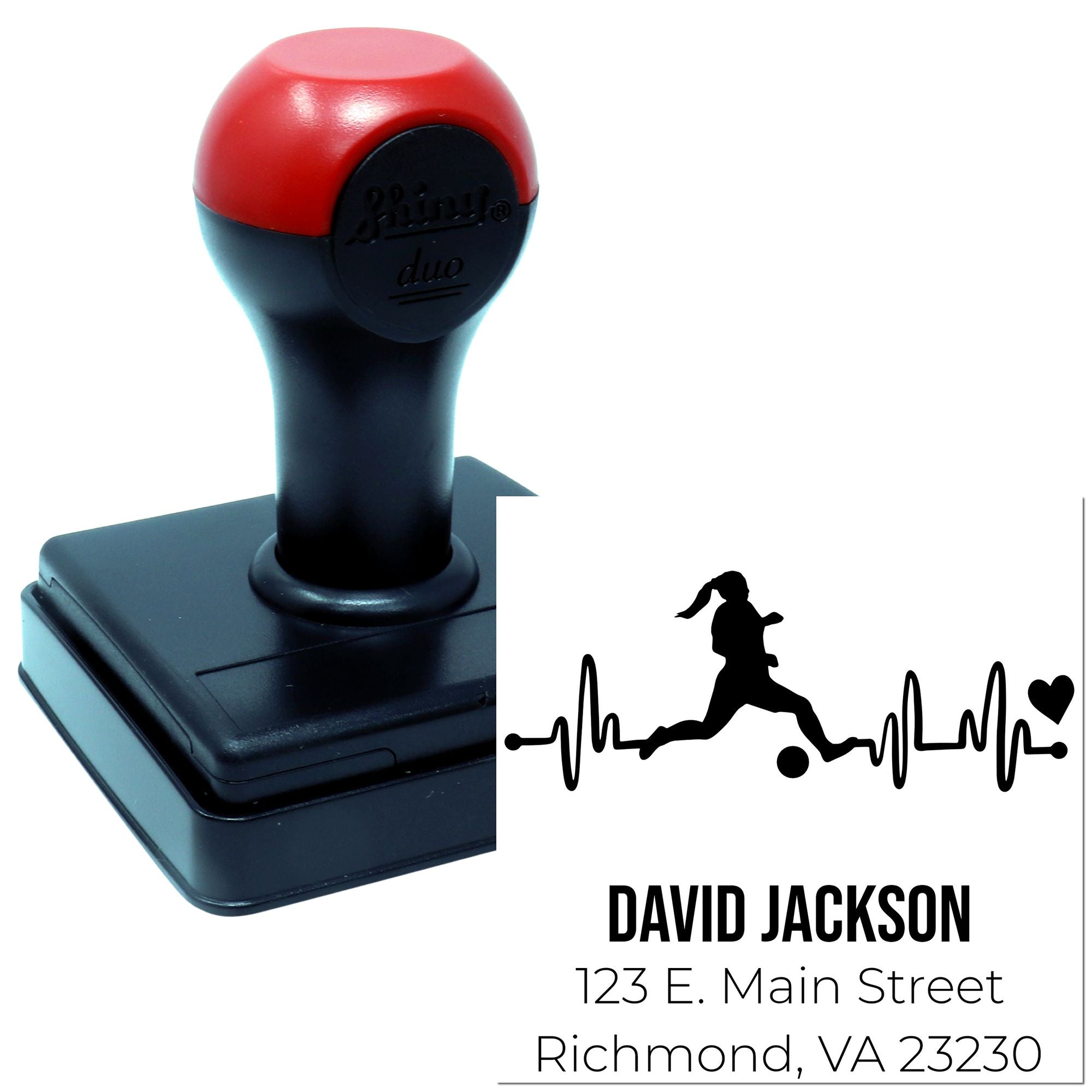 Custom self-inking rubber stamp with runner logo and David Jackson return address for sports-themed mailing.