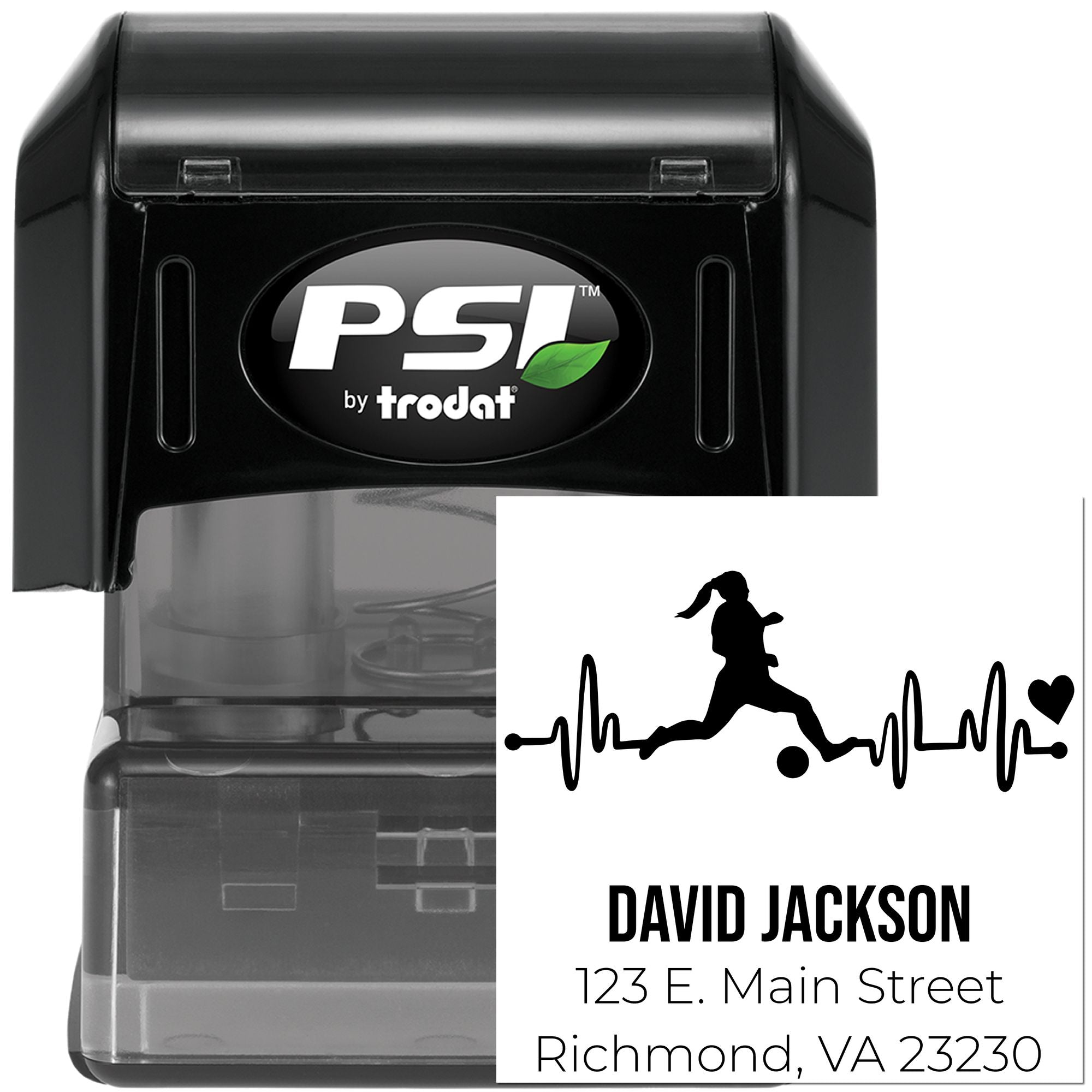 Custom PSI by Trodat self-inking address stamp with runner heartbeat design, name, and address for personalized mail.