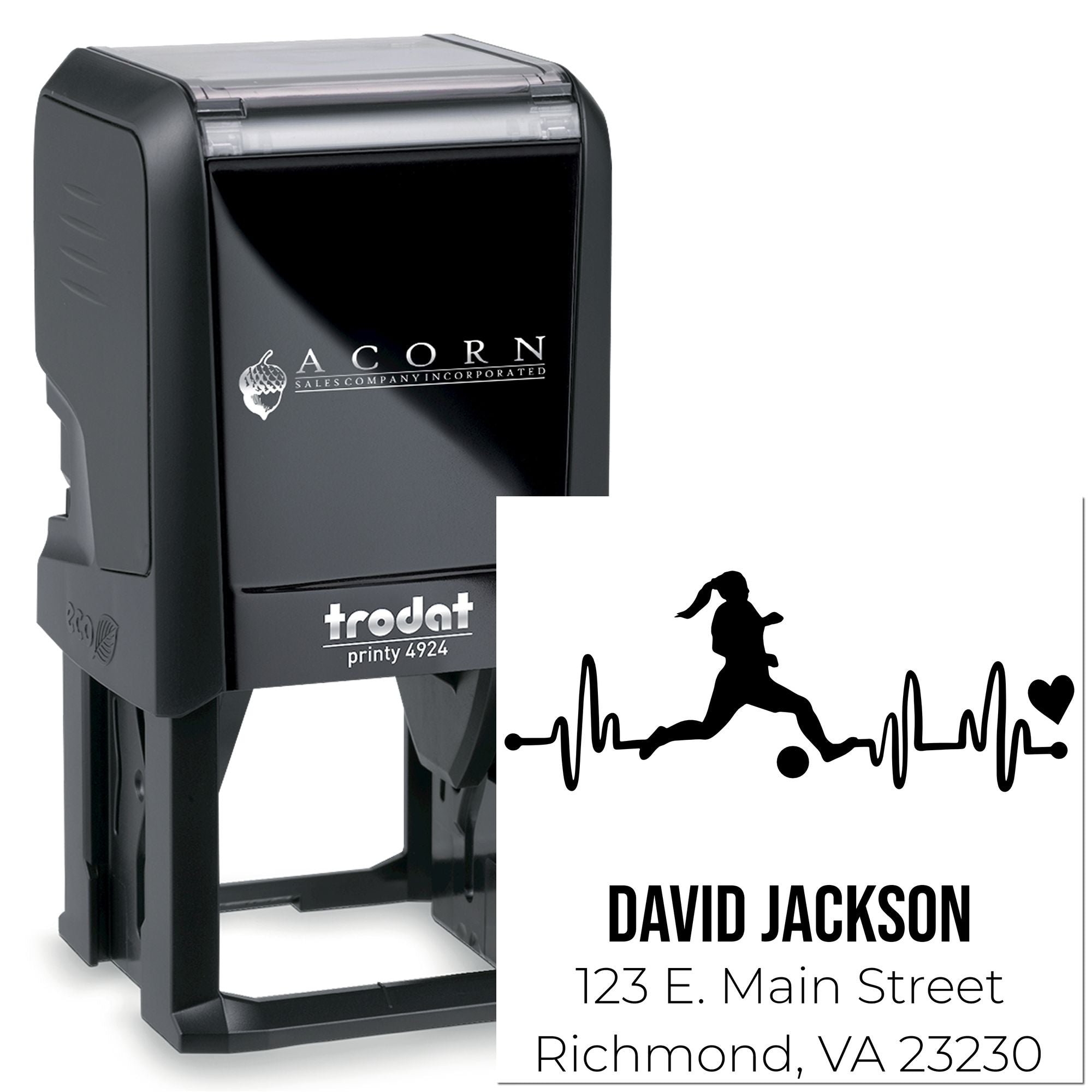 Custom self-inking rubber stamp, Trodat Printy 4924, with runner logo, name, and address for personalized mailing.