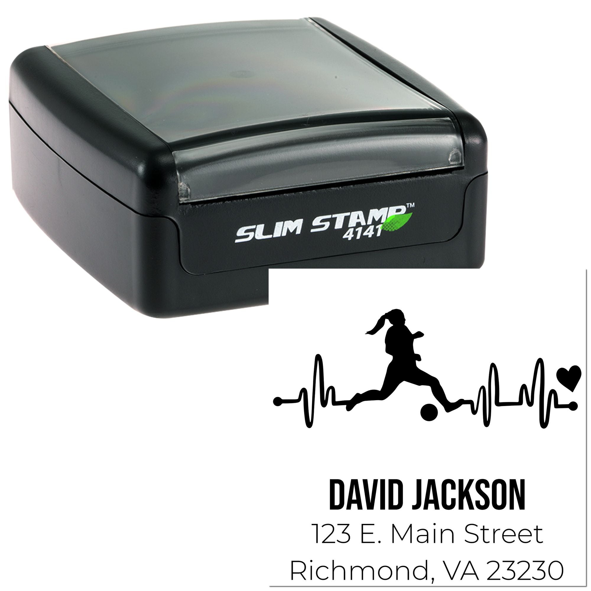 Slim Stamp 4141 self-inking rubber stamp with custom runner heartbeat return address design for David Jackson.