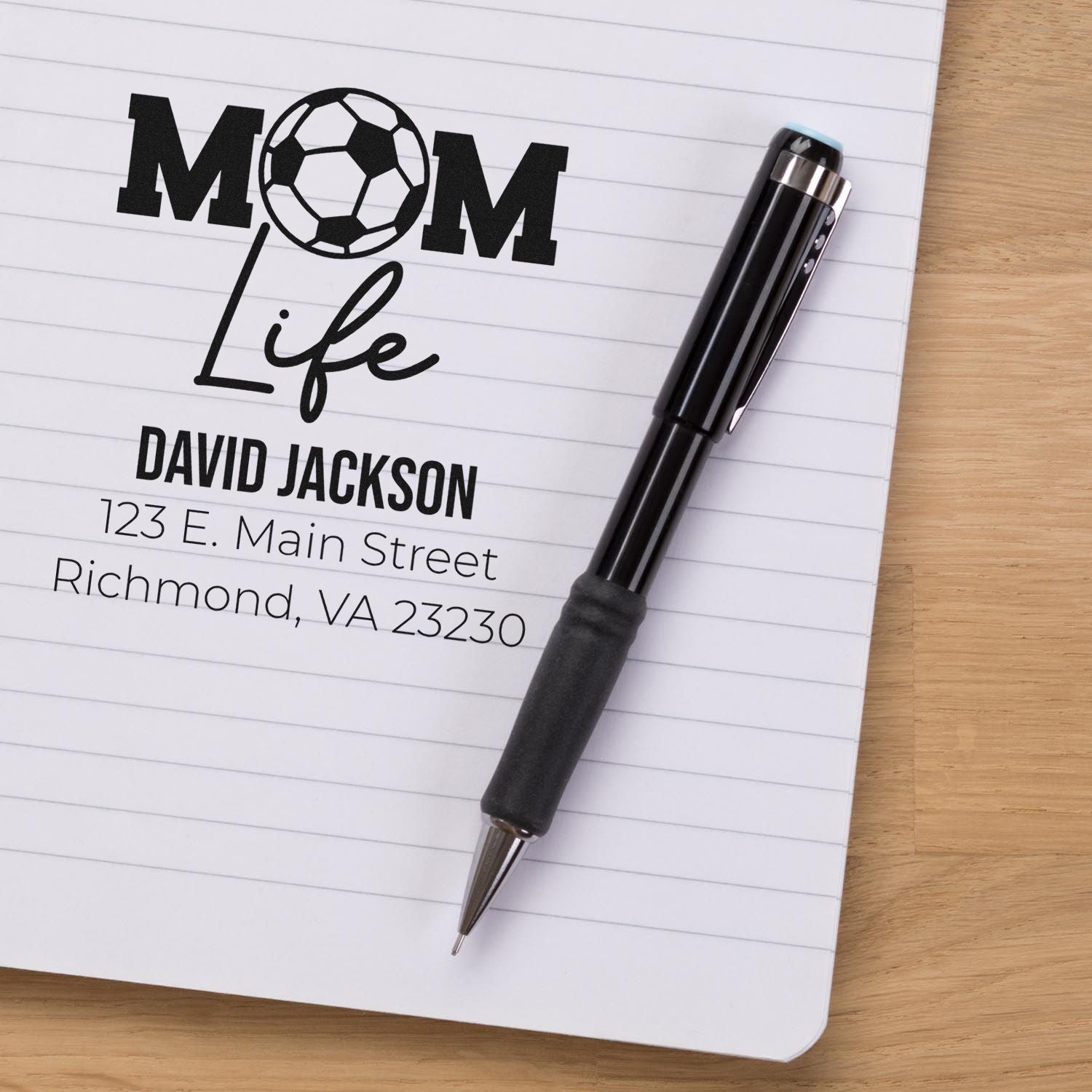 Custom soccer mom address rubber stamp with name and address for personalized stationery