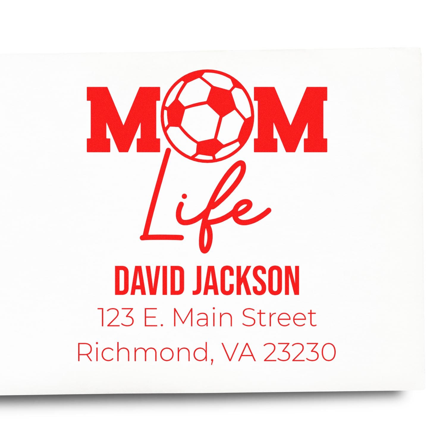 Custom rubber stamp design for a soccer mom, featuring Mom Life, personalized name, and return address.