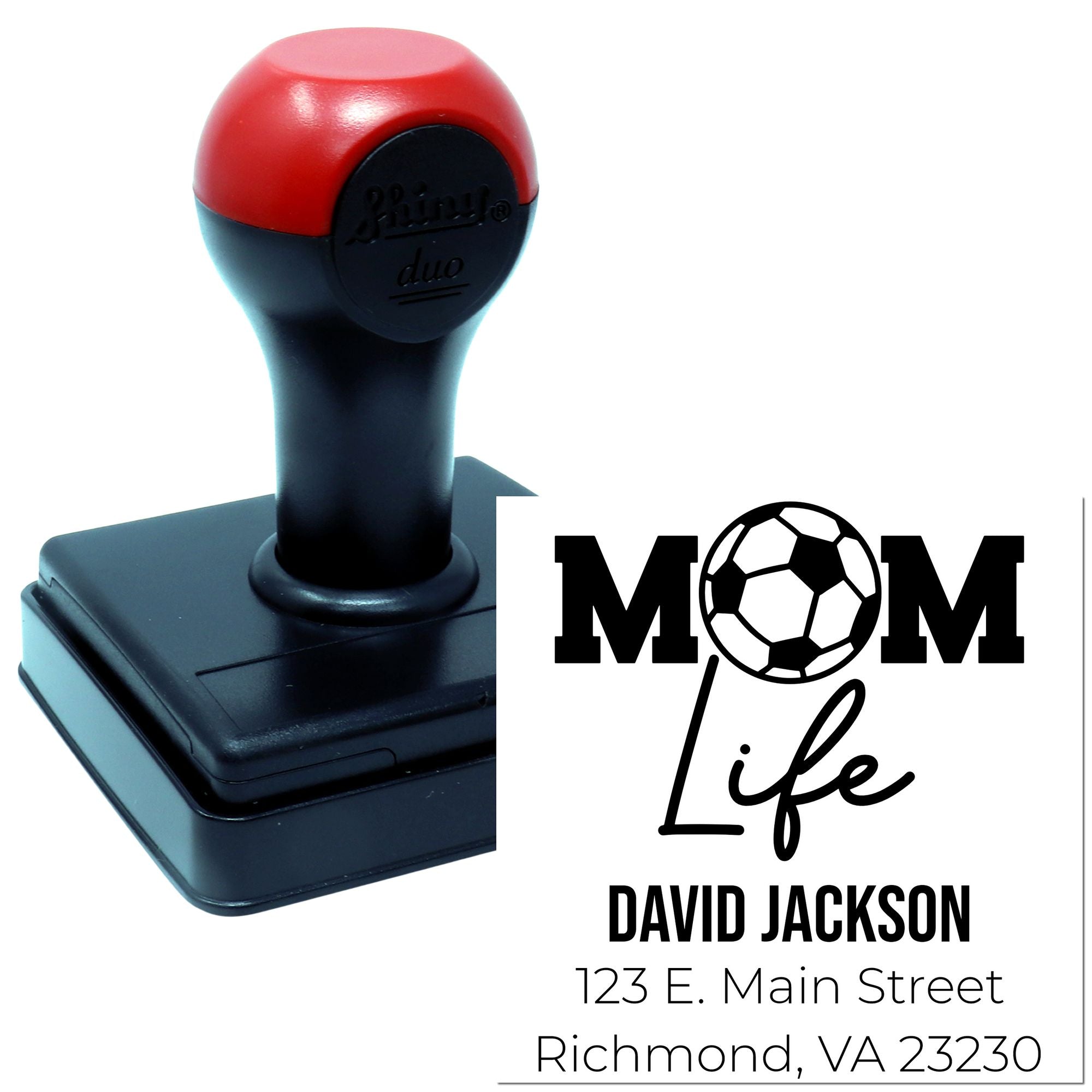 Custom self-inking rubber stamp with Mom Life soccer design, personalized name and return address for family mailings.