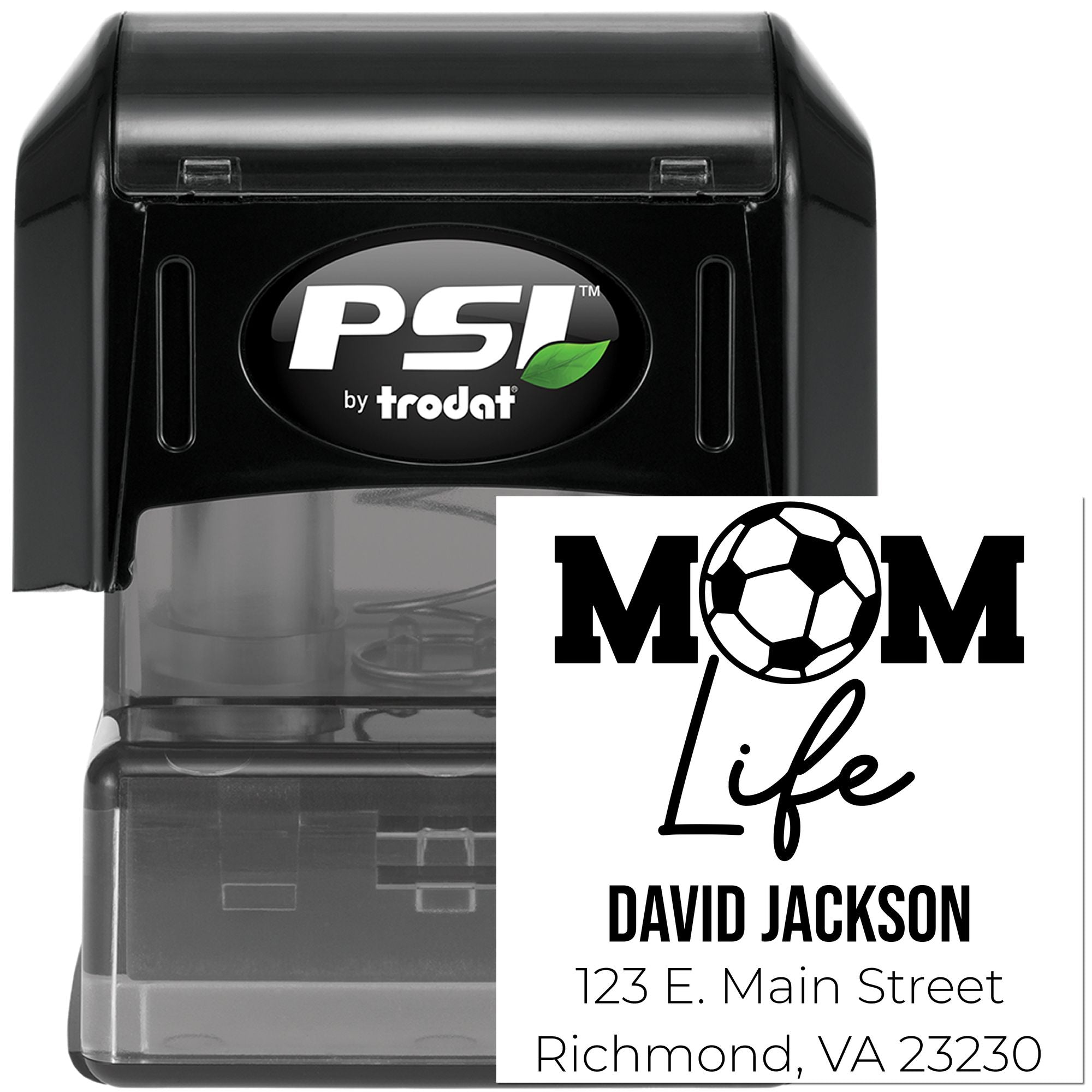 PSI by Trodat custom self-inking rubber stamp with MOM life design and personalized address