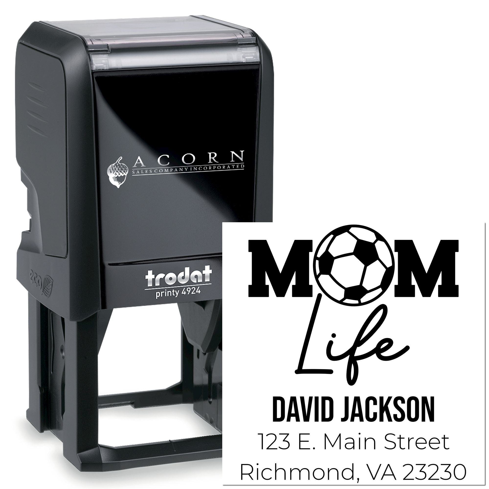 Personalized self-inking rubber stamp showing Mom Life soccer address design for custom family stationery.