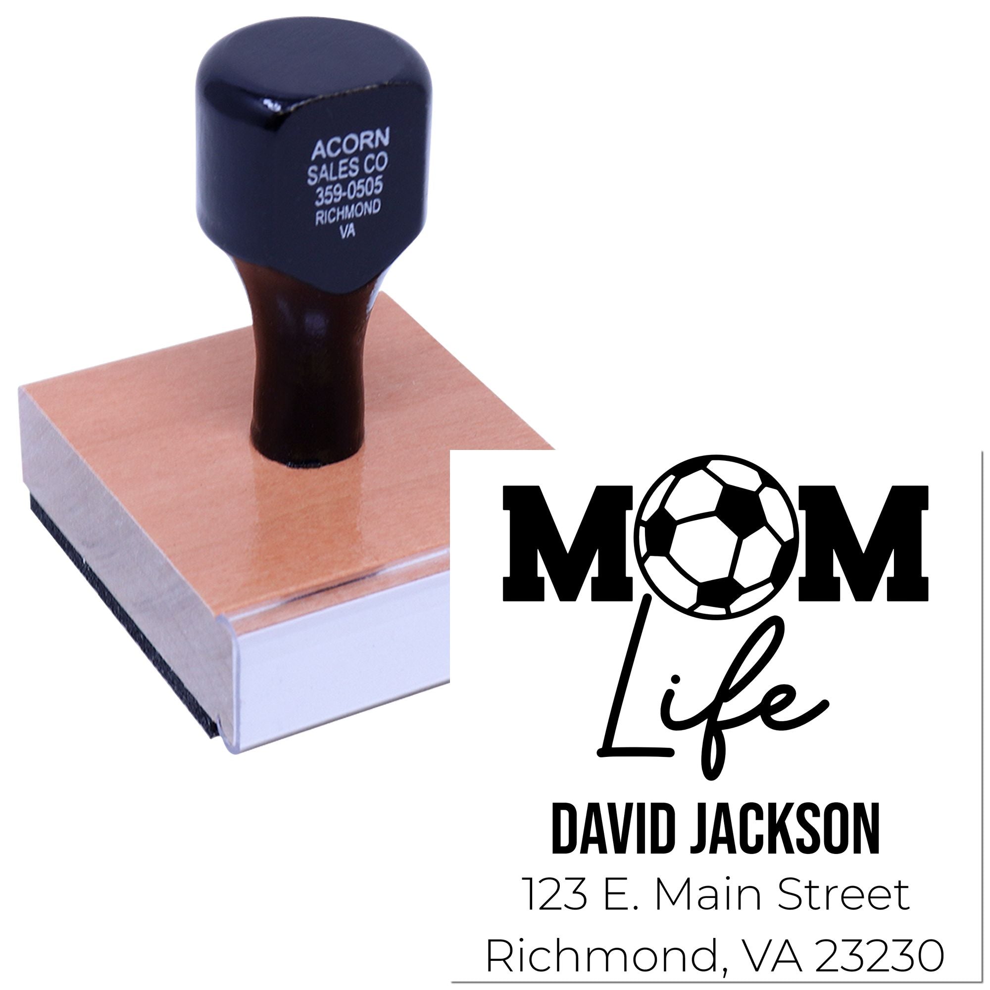 Custom Mom Life rubber stamp with soccer ball graphic, name, and address for personalized crafting or business use.
