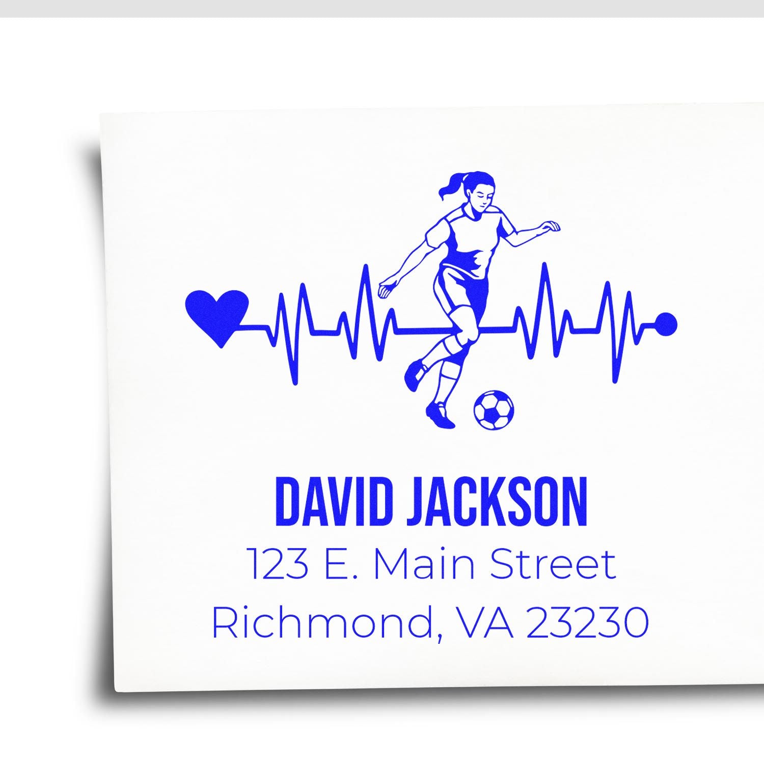 Personalized soccer return address rubber stamp with heartbeat design, name, and Richmond, VA address