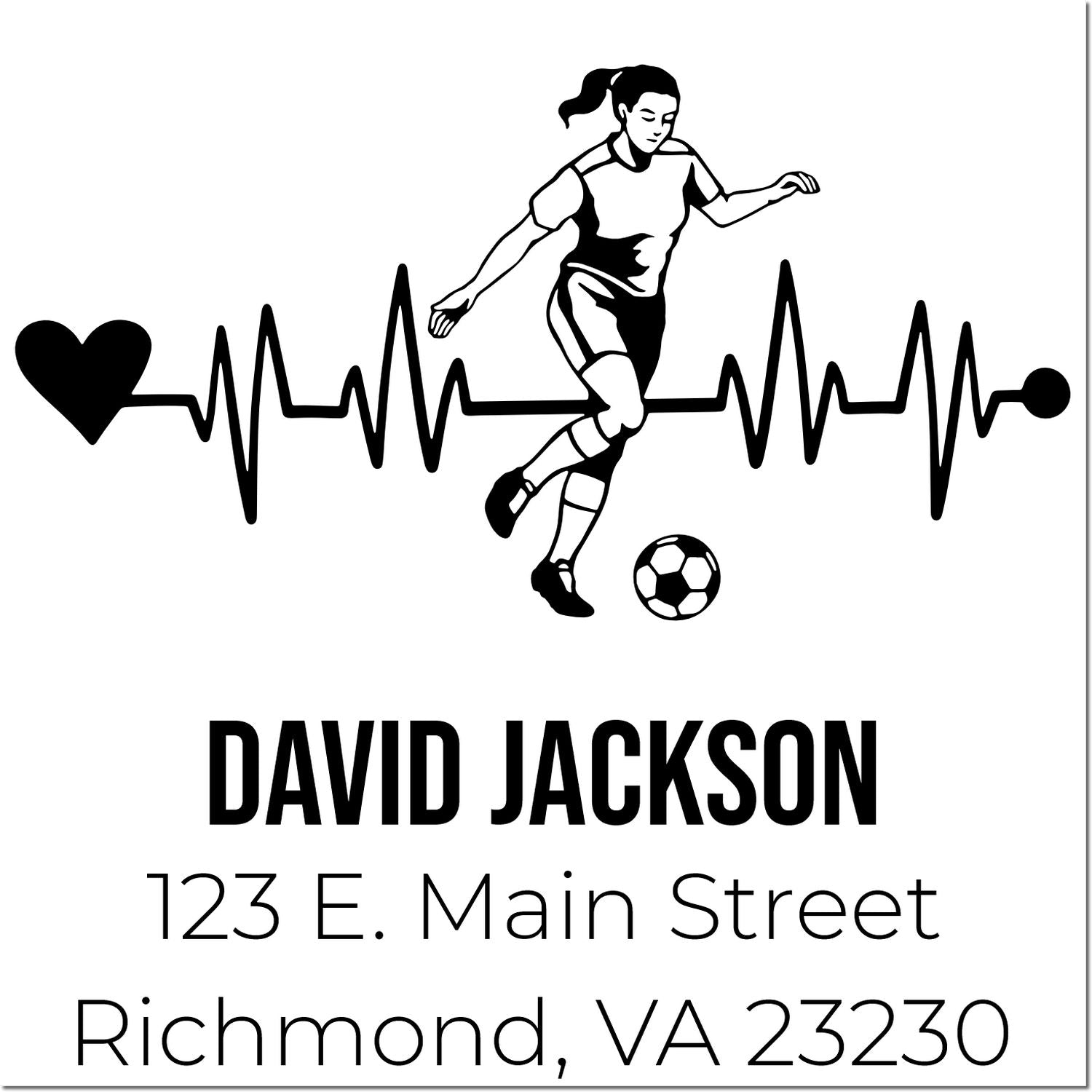 Custom soccer return address rubber stamp with heartbeat design, female player, David Jackson, Richmond, VA 23230.