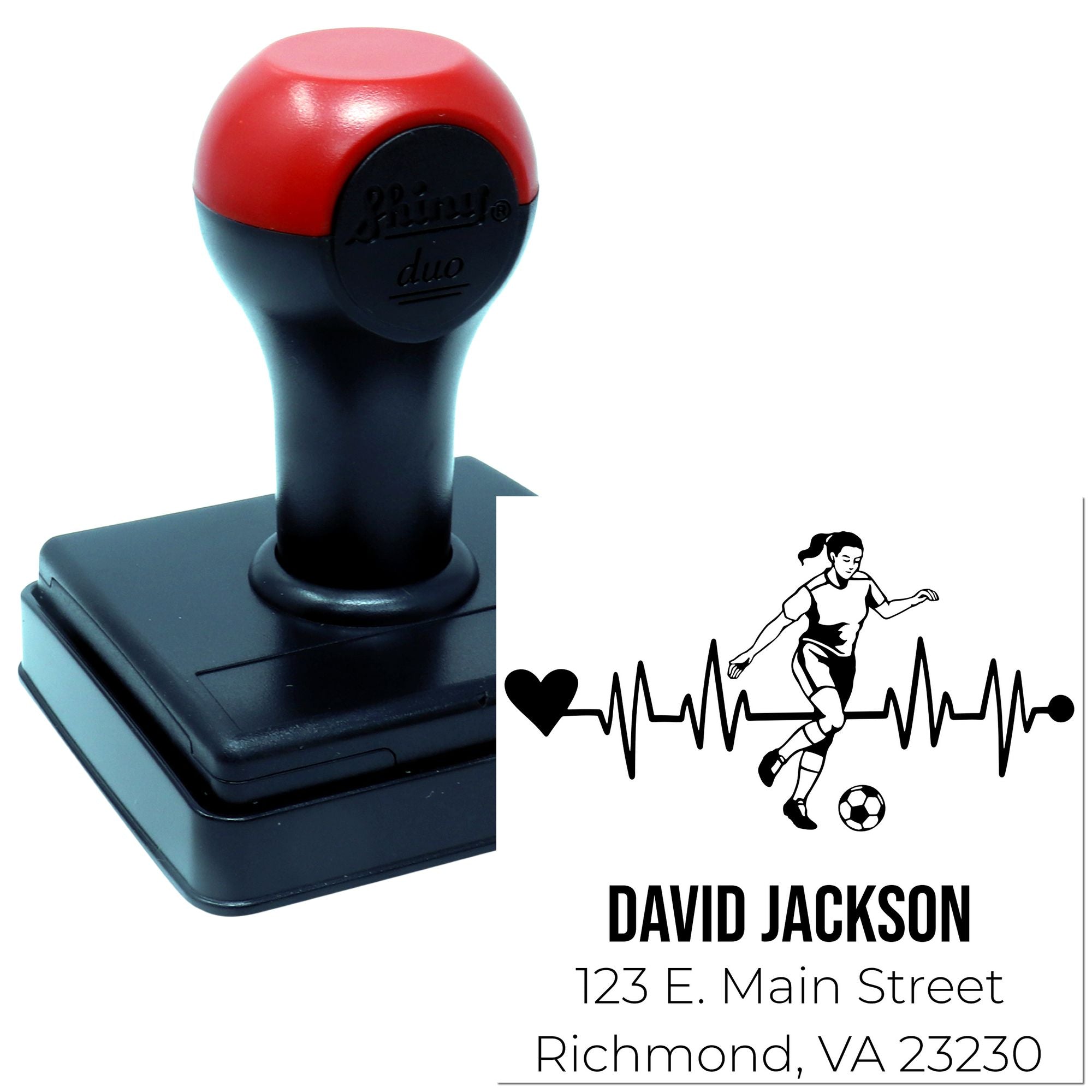 Custom self-inking rubber stamp with soccer player heartbeat design and personalized name and address.