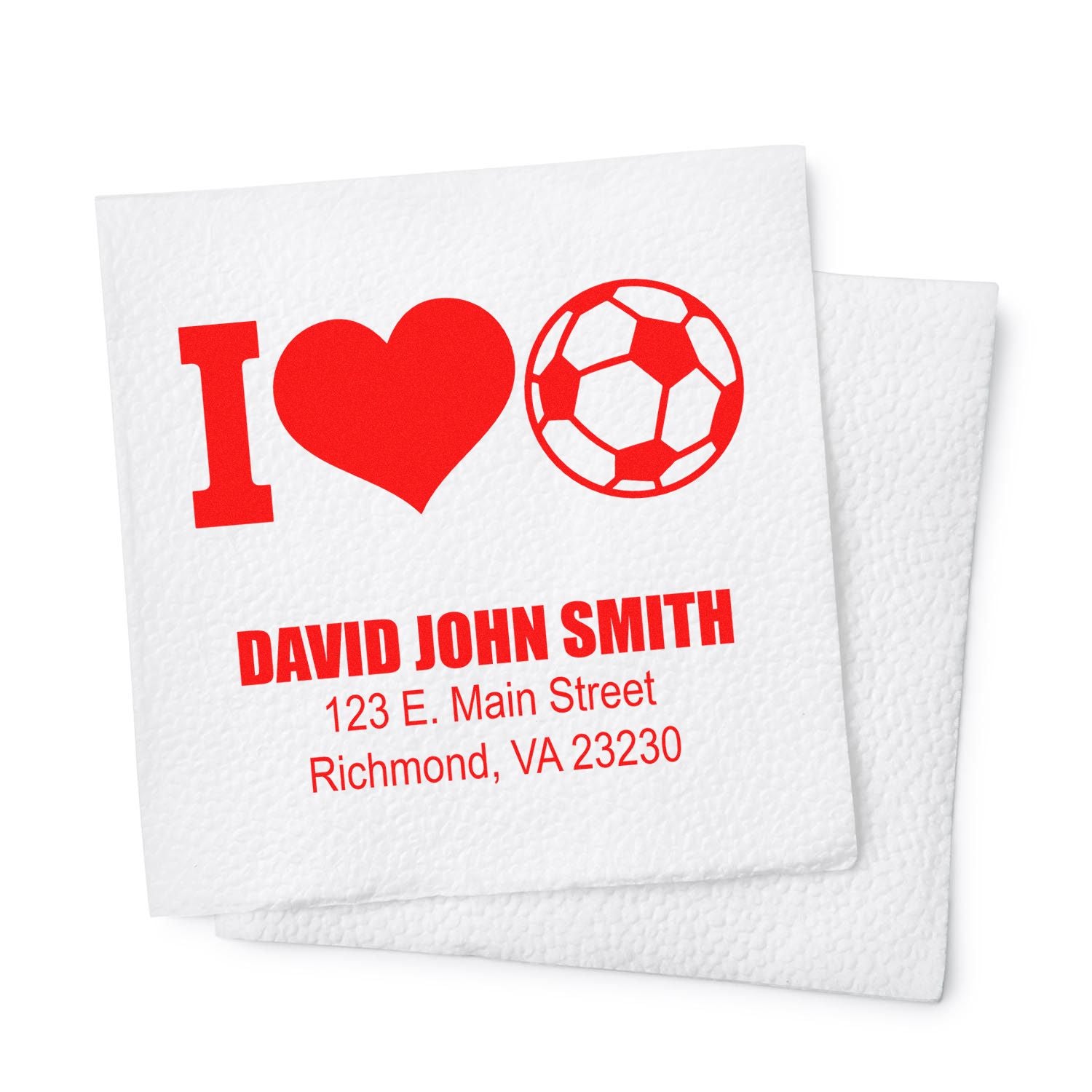 Custom soccer rubber stamp with I love design and personalized return address for David John Smith in Richmond, VA.