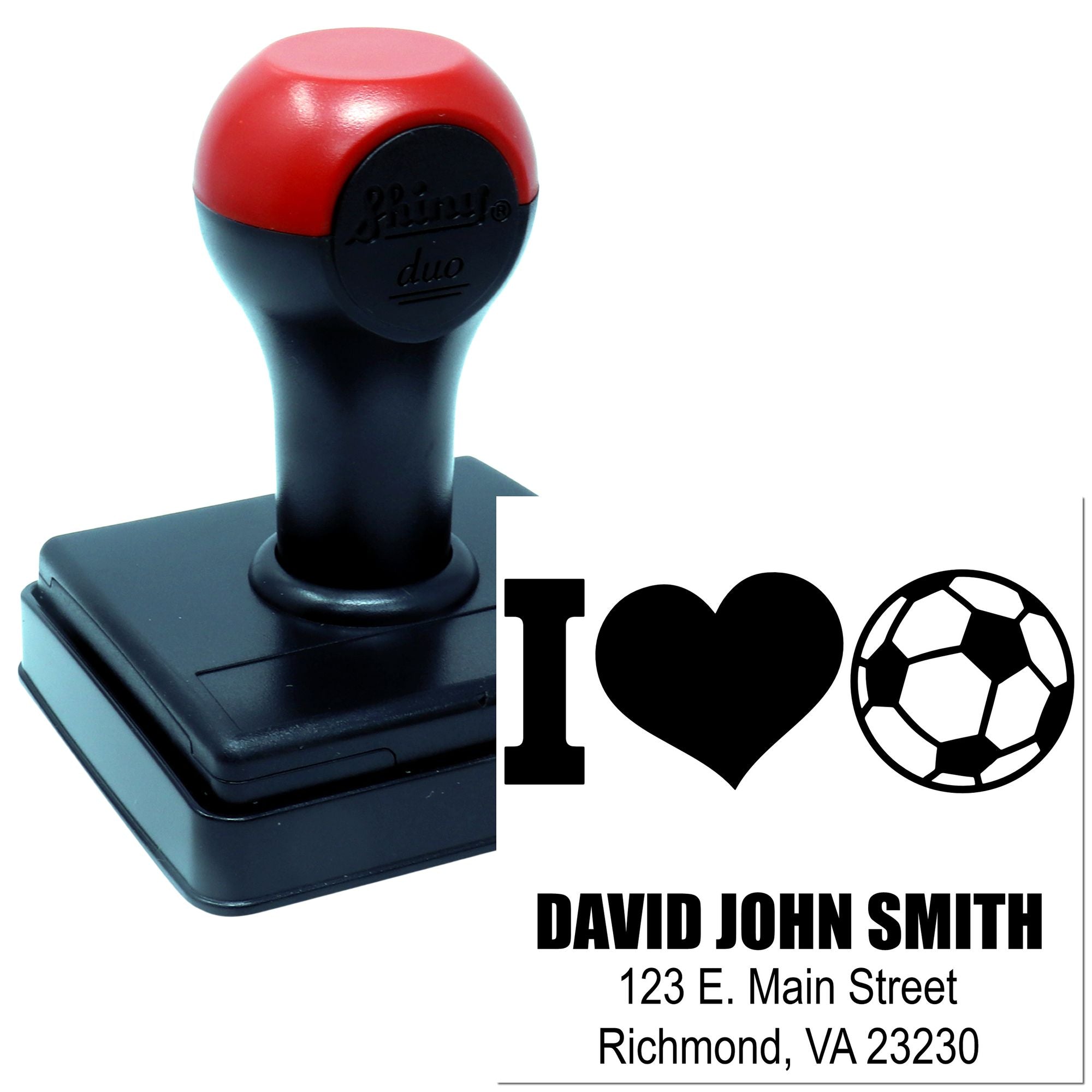 Custom self-inking rubber stamp with personalized I love soccer design, name, and address for return-address marking.