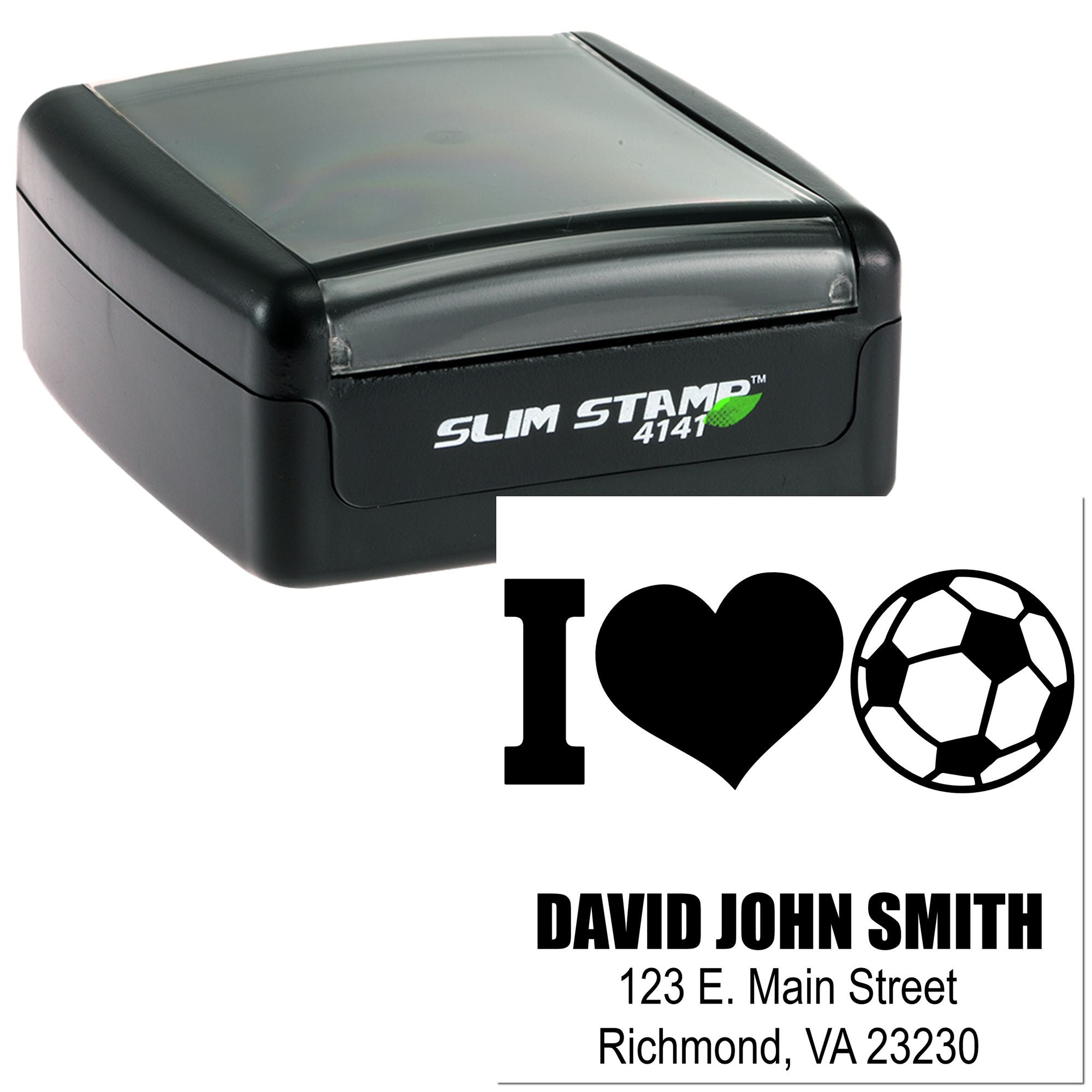 Slim Stamp 4141 self-inking custom address rubber stamp with soccer fan design and name imprint sample