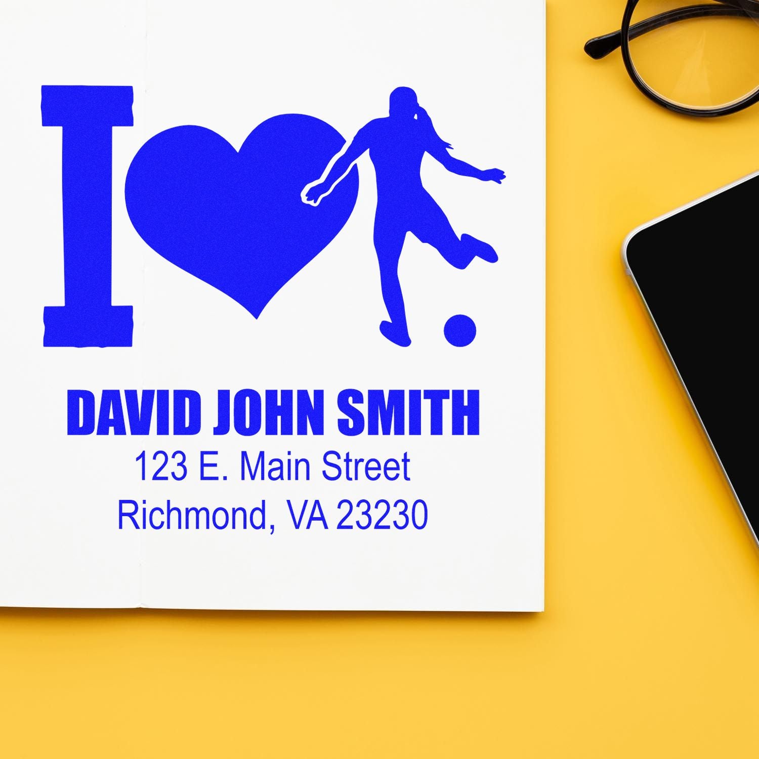 Custom address rubber stamp design with I heart logo, name, and Richmond, VA mailing details.