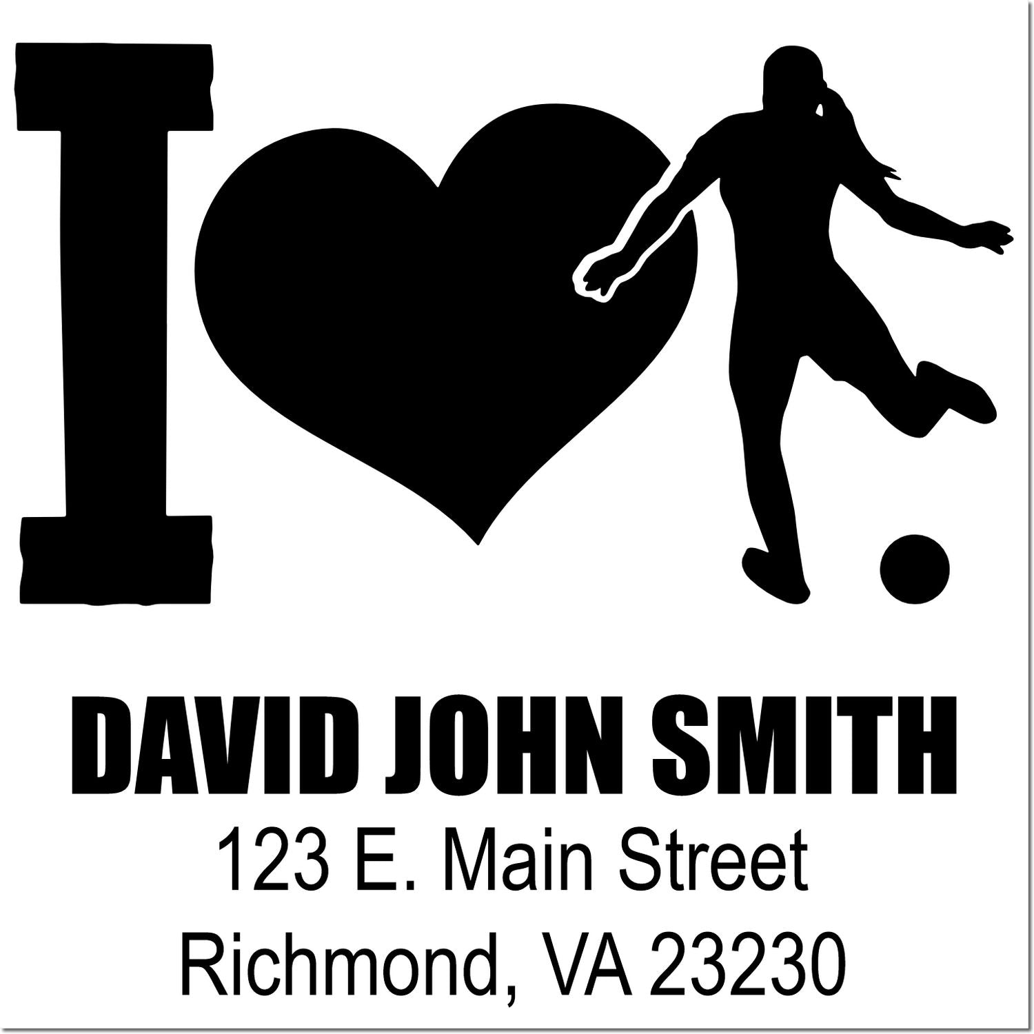 Custom rubber stamp for David John Smith featuring an I love soccer logo and Richmond, VA address.